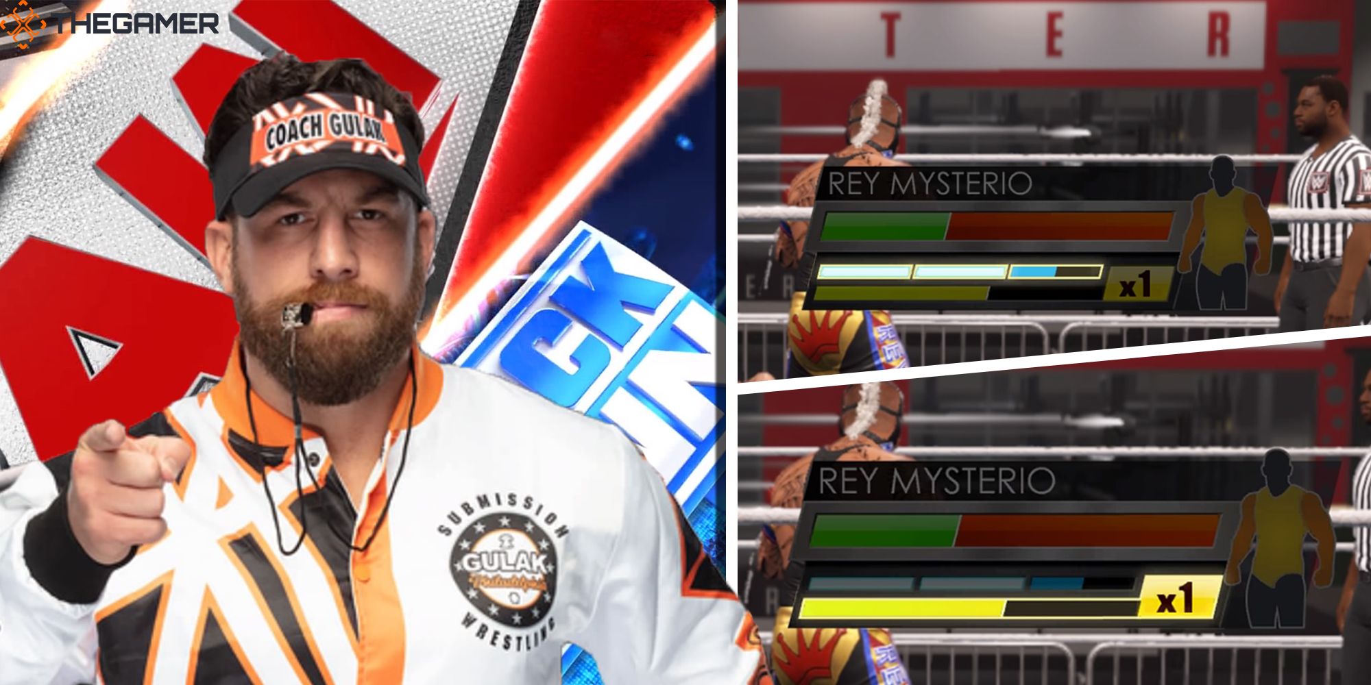 [Left Panel] Drew Gulak points towards the player against a background featuring the RAW and SMACKDOWN logos. [Right Panel] Split image: Rey Mysterio's special meter and finisher meter. WWE 2K22.