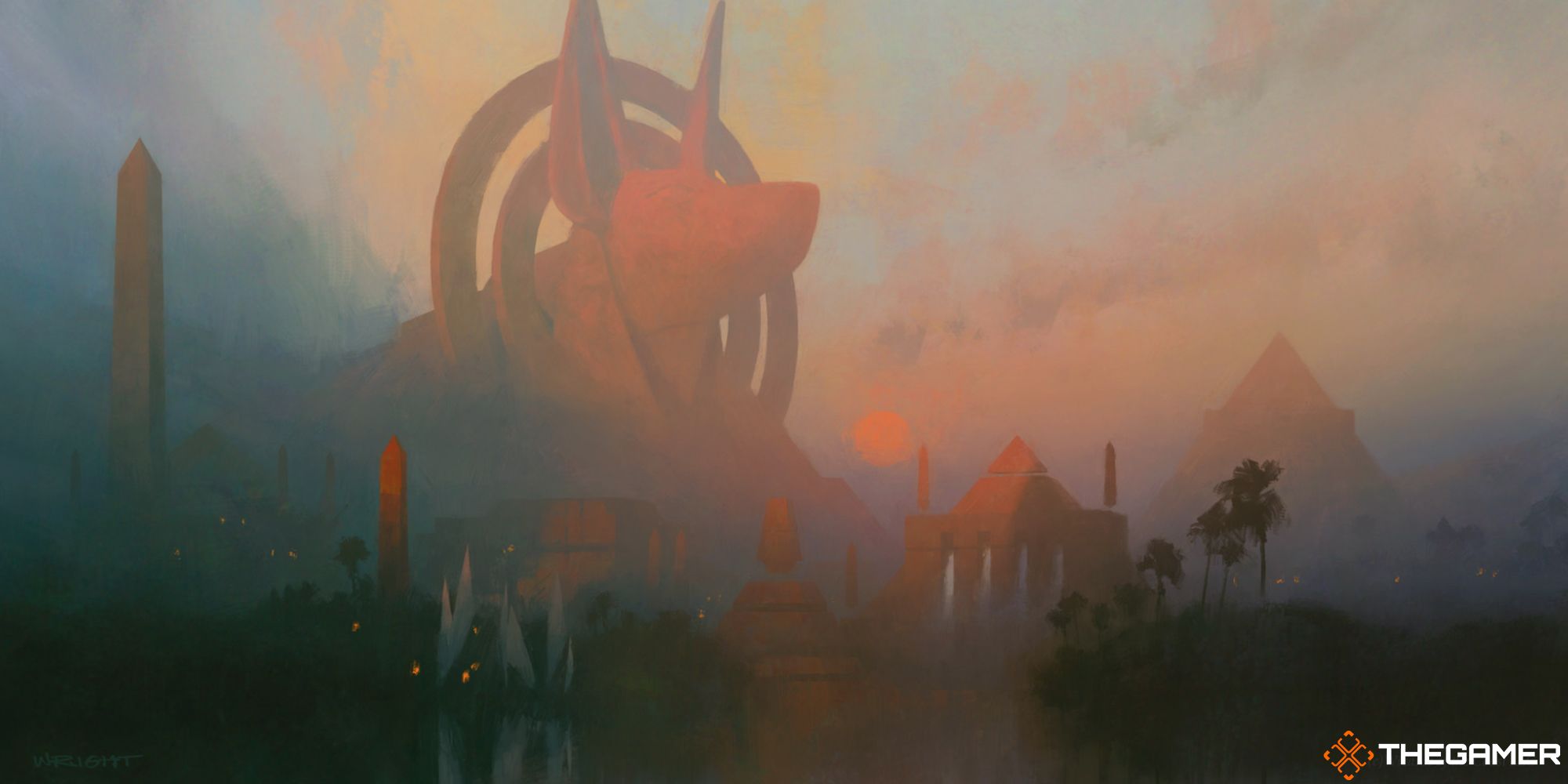 Hazoret's Monument by Richard Wright, from Magic the Gathering. A sphinx-like monument looks over a city while a red sun rises.