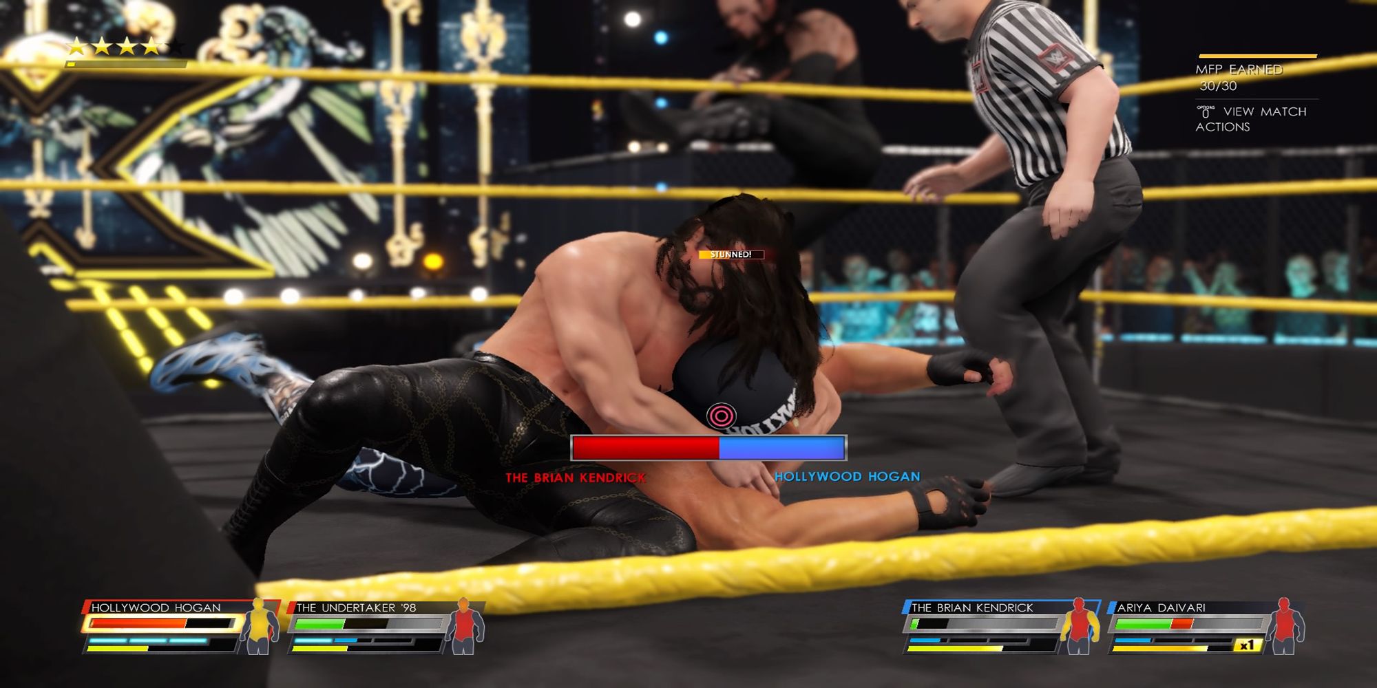 The Brian Kendrick holds Hollywood Hogan in a submission, while the Undertaker intervenes, in a Tag Team Match at the NXT Arena. WWE 2K22. 