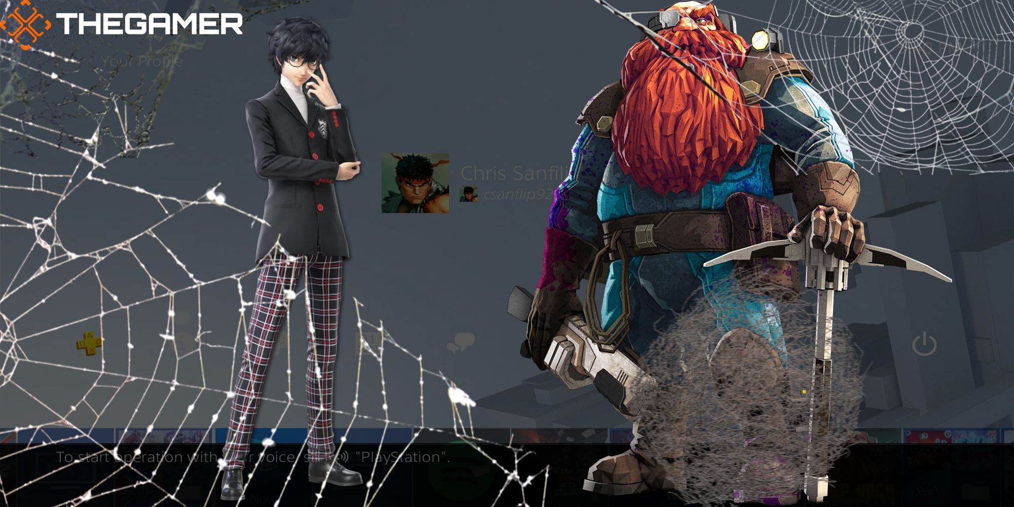 The Joker from Persona 5 and a red-haired dwarf from Deep Rock Galactic stand stoic in Chris Sanfilippo's sad PS4 homepage filled with cobwebs and tumbleweeds.