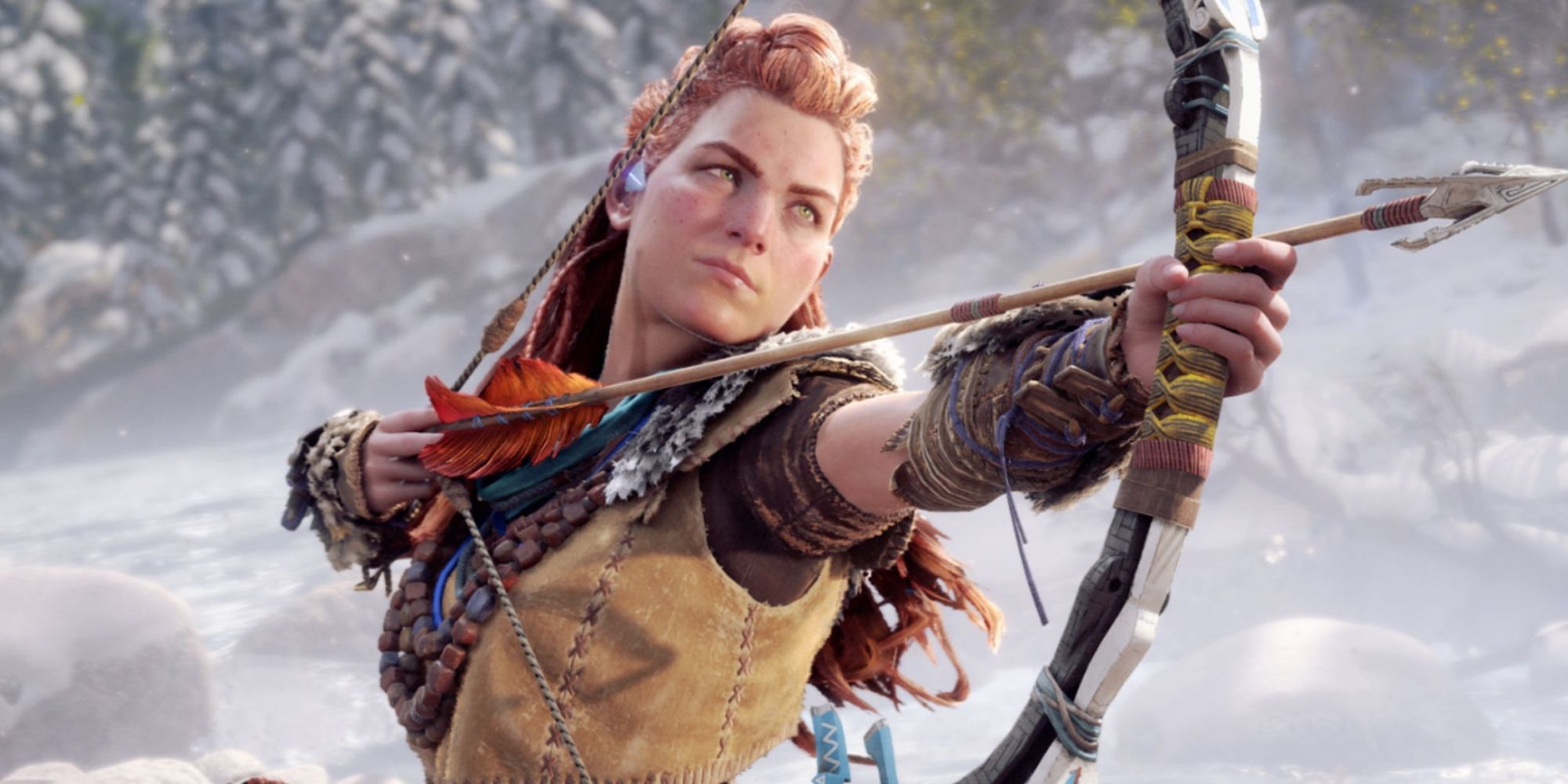Horizon Forbidden West Aloy Draws Her Bow Outside in a Snowy Field