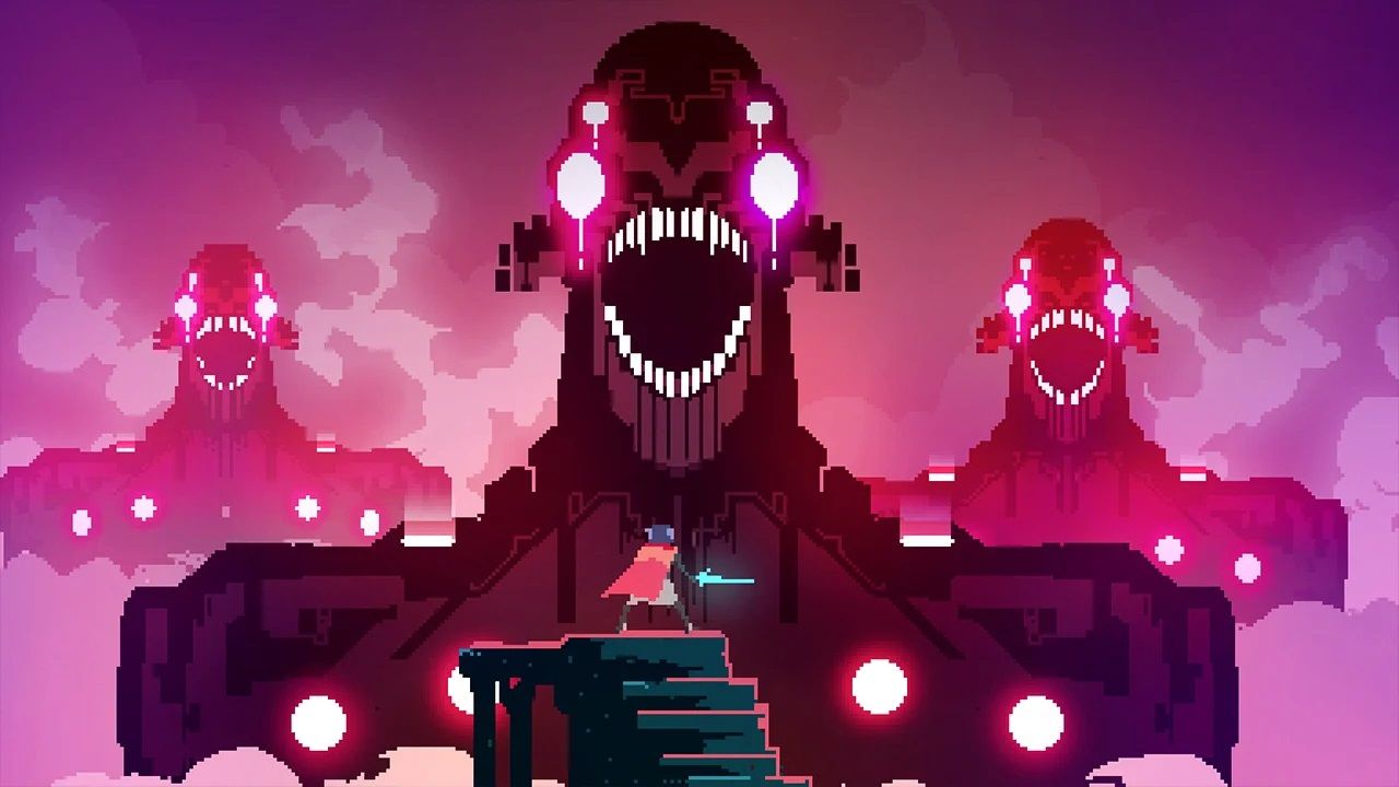 Hyper Light Drifter screenshot of the main character facing down giant enemies