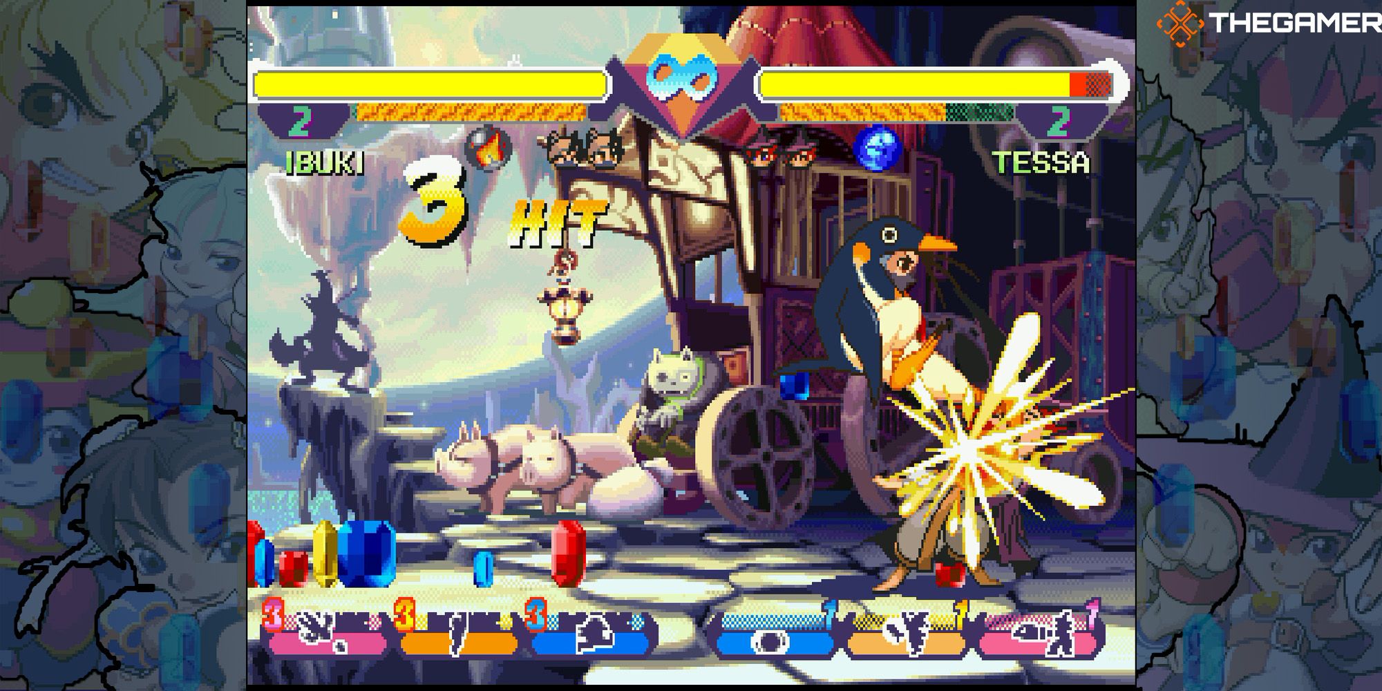 Ibuki kicks Tessa in the face while wearing a penguin onesie in a battle at the Moonlight Dark Castle. Pocket Fighter.