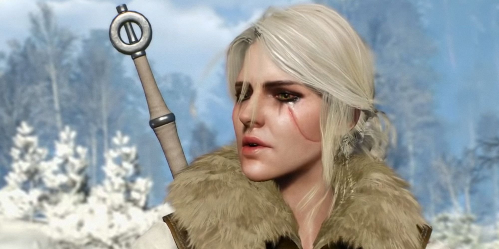 The Witcher 3 Ciri in a wintery town during an end cutscene, talking to Geralt in the Empress Ending