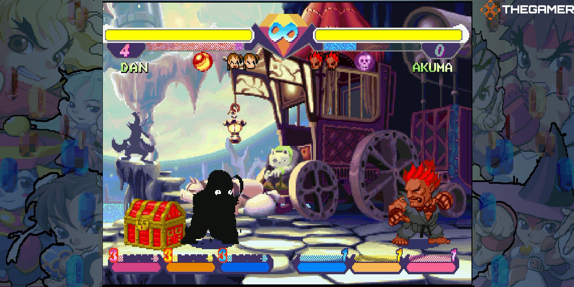 Dan gets drenched in black ink in a battle against Akuma at Moonlight Dark Castle. Pocket Fighter.