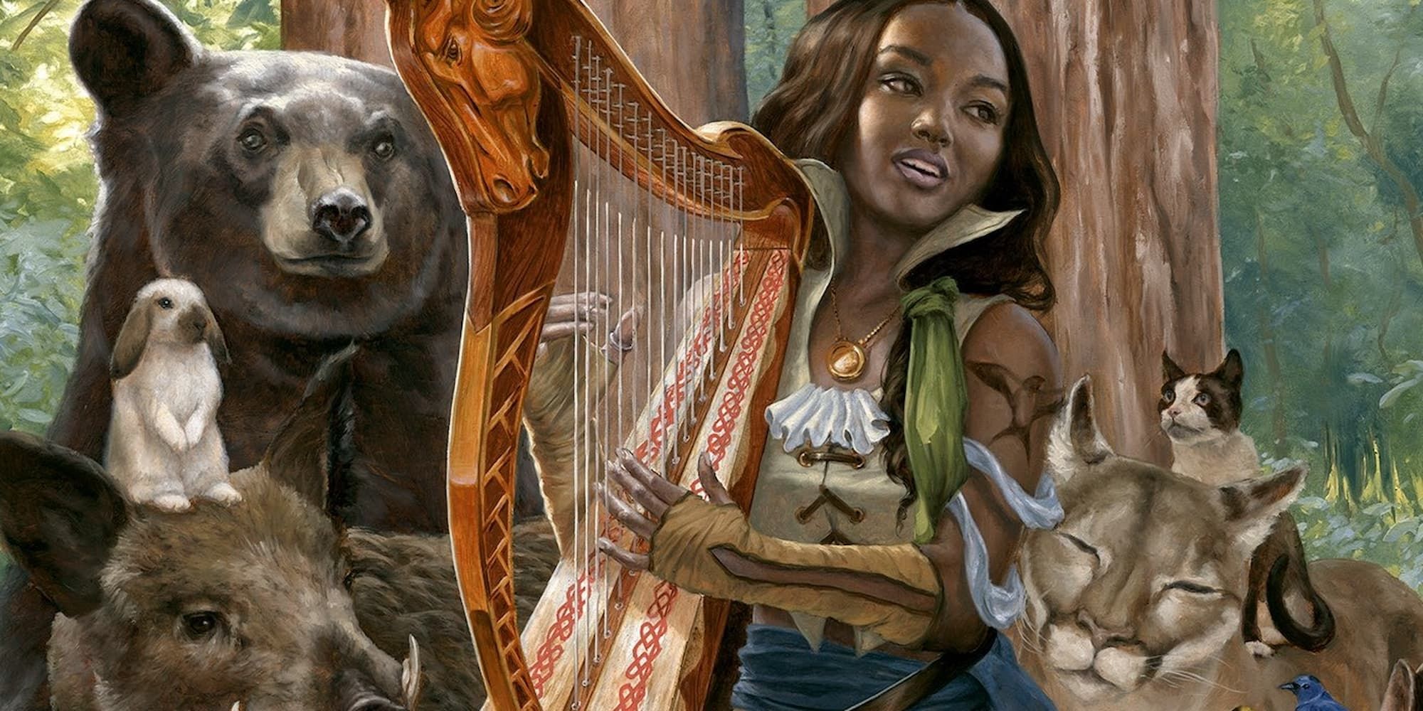 A woman plays a harp whilst surrounded by animals