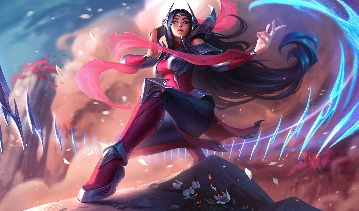 League of Legends Irelia controlling blades with her back to clouds