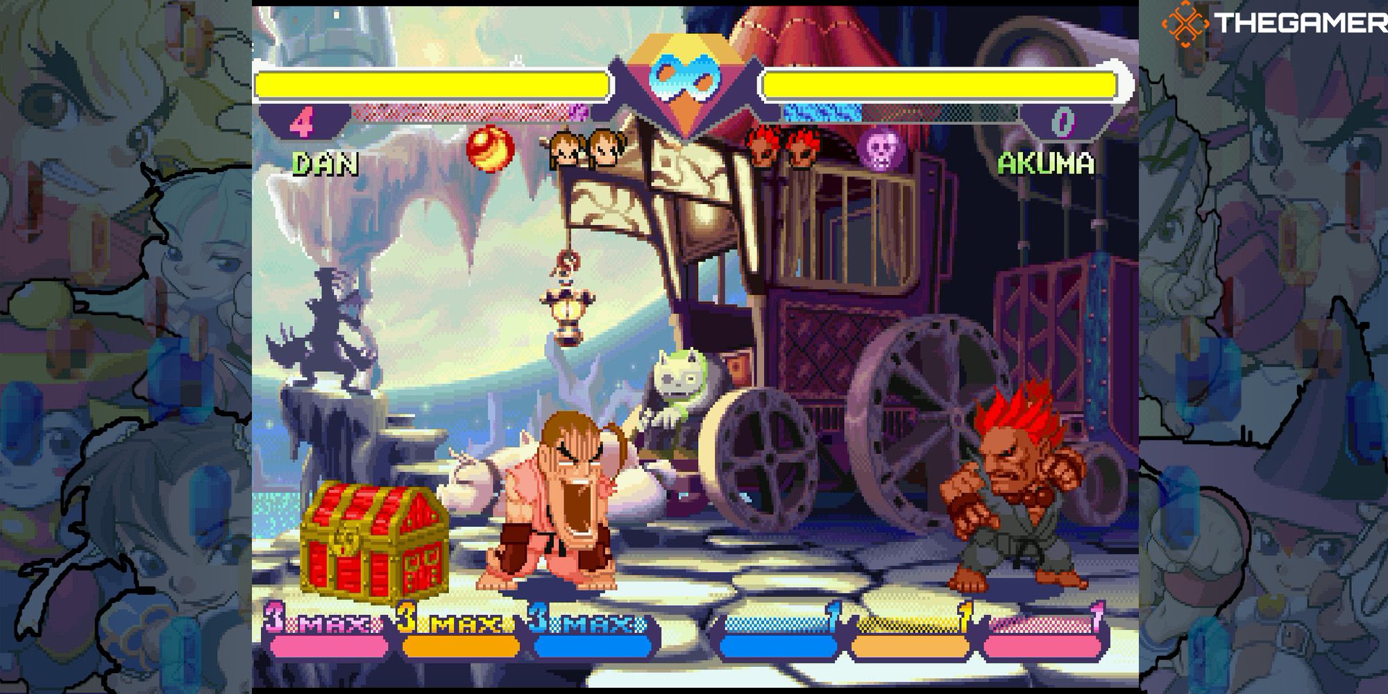 Dan's jaw drops in a battle against Akuma at Moonlight Dark Castle. Pocket Fighter.