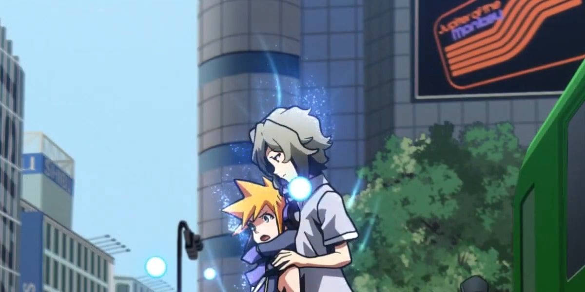 A screenshot of Joshua holding on to Neku as a blue light surrounds them in The World Ends with You anime.