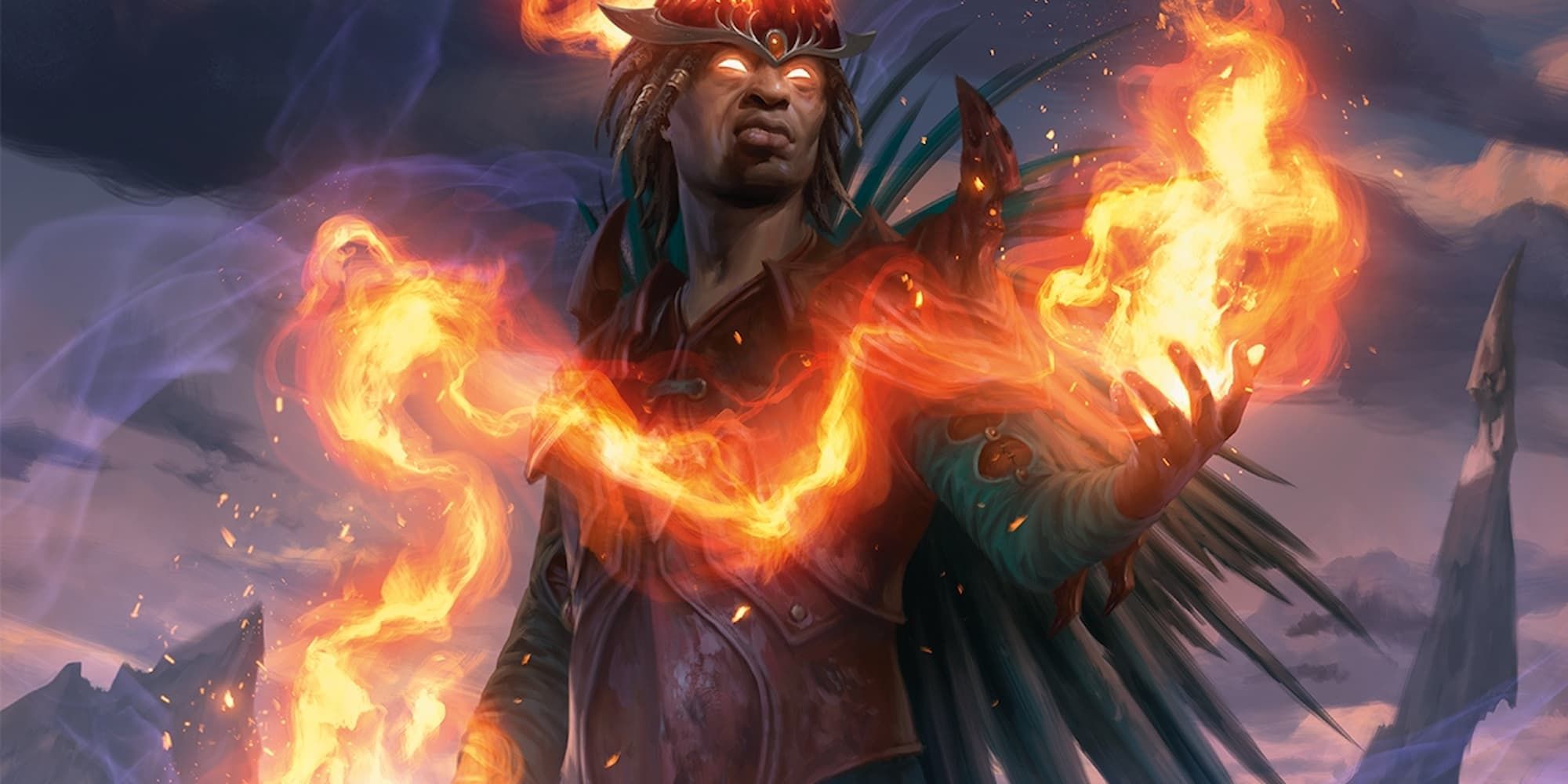 Kaervek wielding fire magic whilst his eyes glow red
