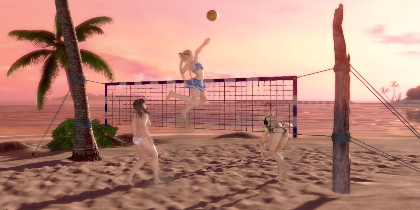 Characters Playing Beach Volleyball on New Zack Island at Sunset in Dead or Alive Xtreme 2