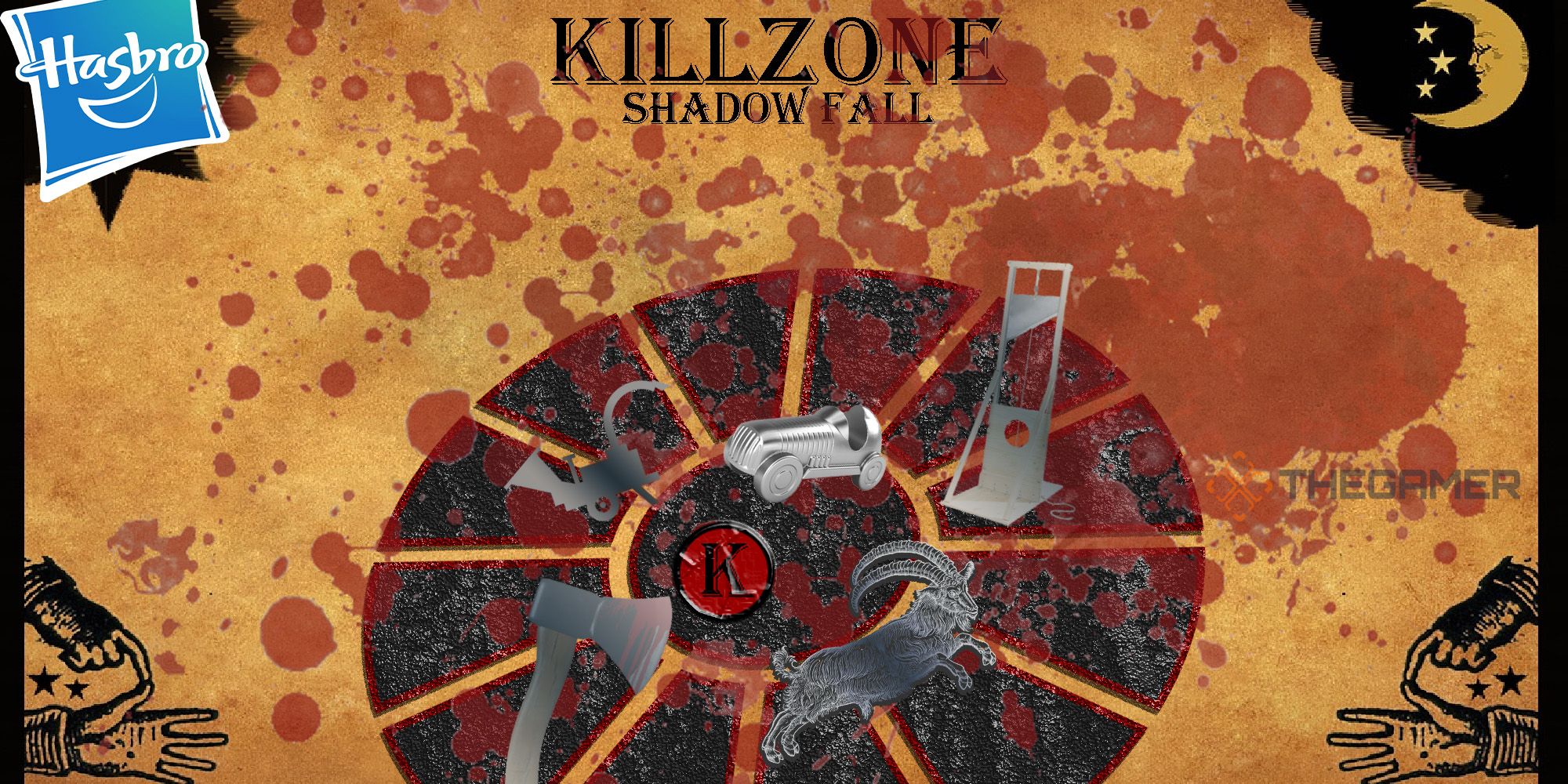 A bloodied game board for the fake Hasbro board game, Killzone: Shadow Fall. This board has game pieces representing a wood chipper, guillotine, axe, sacrificial goat, and car atop a spinny wheel of death.