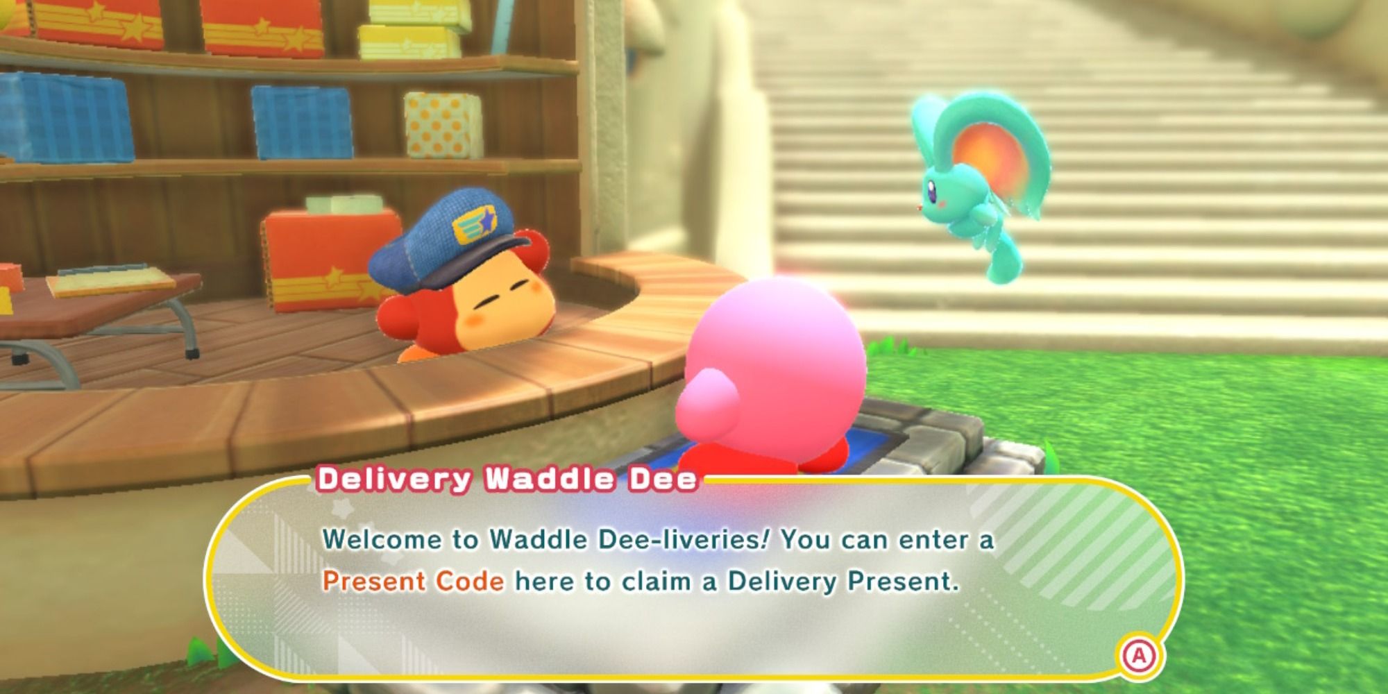 Delivery Waddle Dee asking for Present Codes in Kirby and the Forgotten Land