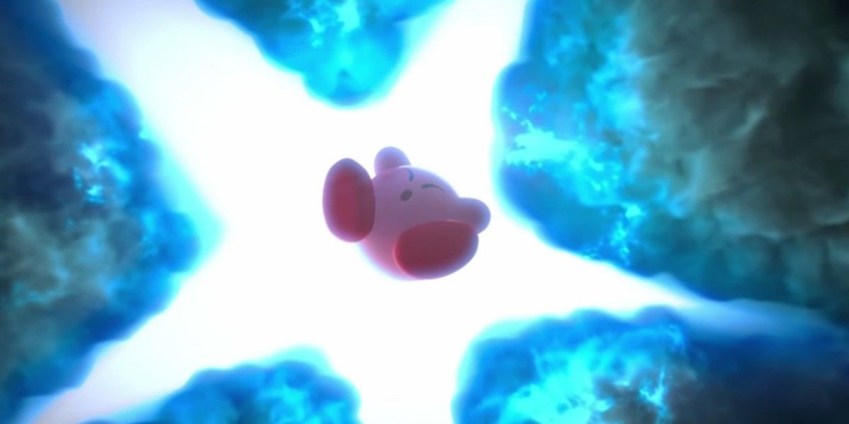 Kirby being sucked into a glowing vortex