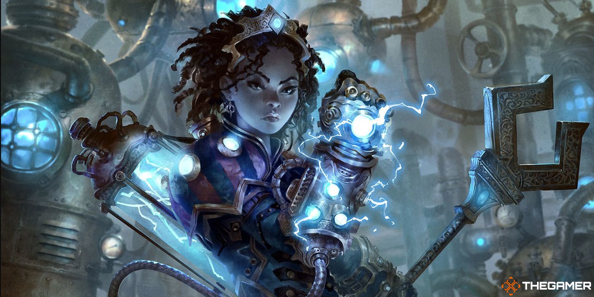 League Guildmage by Svetlin Velinov, from Magic the Gathering. A young inventor wears an electric-sparking gauntlet in their steampunk workshop.