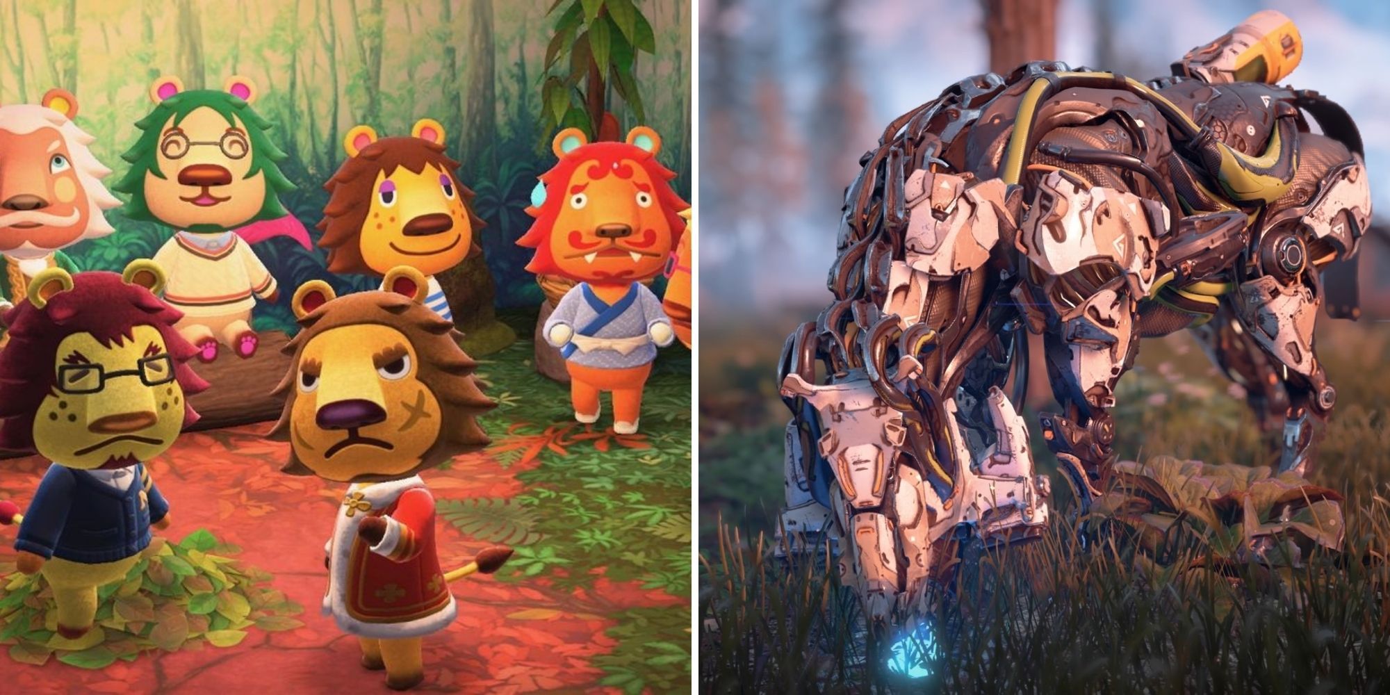 Split Image The Lions from Animal Crossing hanging out in a house while a Strider from Horizon chews on grass