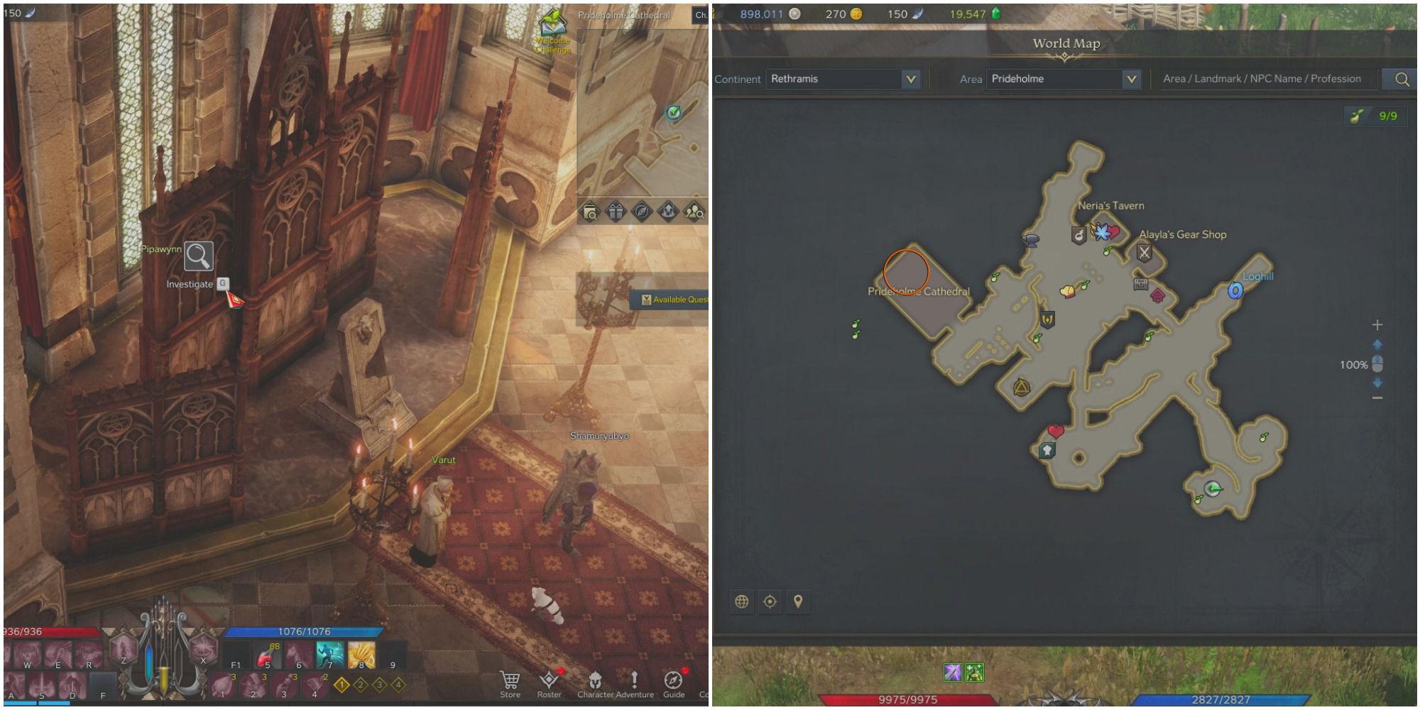A split image of a shadowhunter investigating behind screen of Prideholme Cathedral and a map of Prideholme