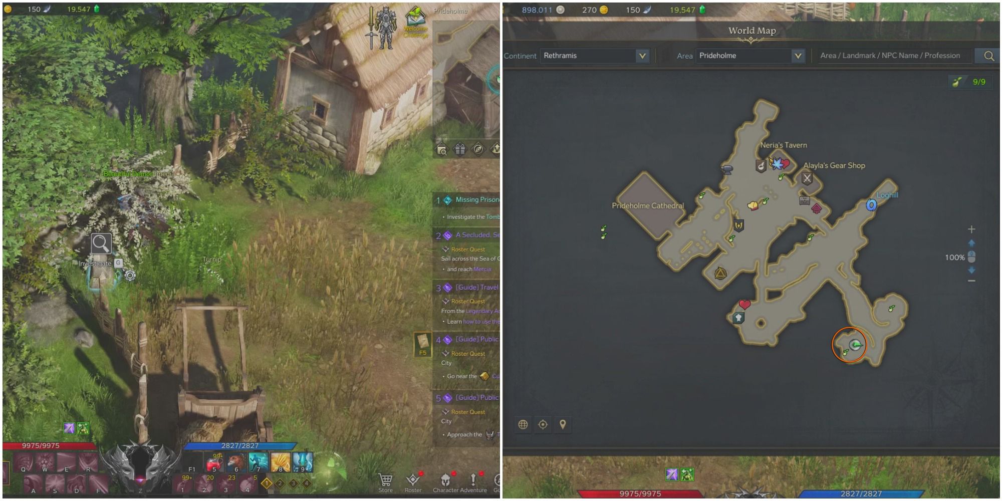 A split image of a shadowhunter searching a grave by a farm and a map of Prideholme