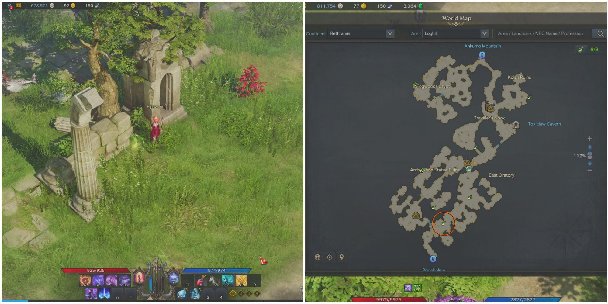 A split image of a bards standing in front of ruins and a mokoko seed, and a map of Loghill