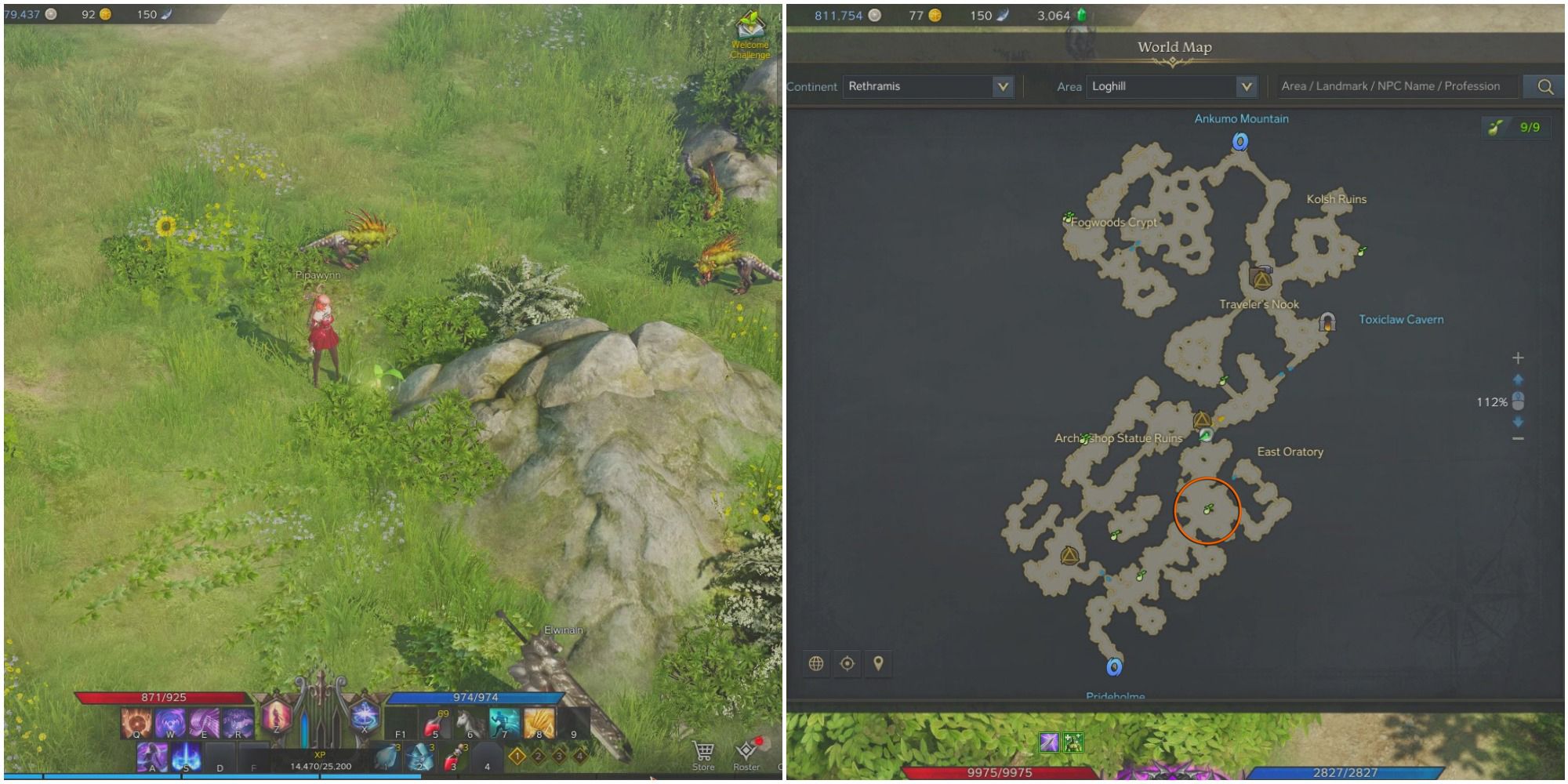 A split image of a bard standing next to a mokoko seed by a stone outcrop and a map of Loghill
