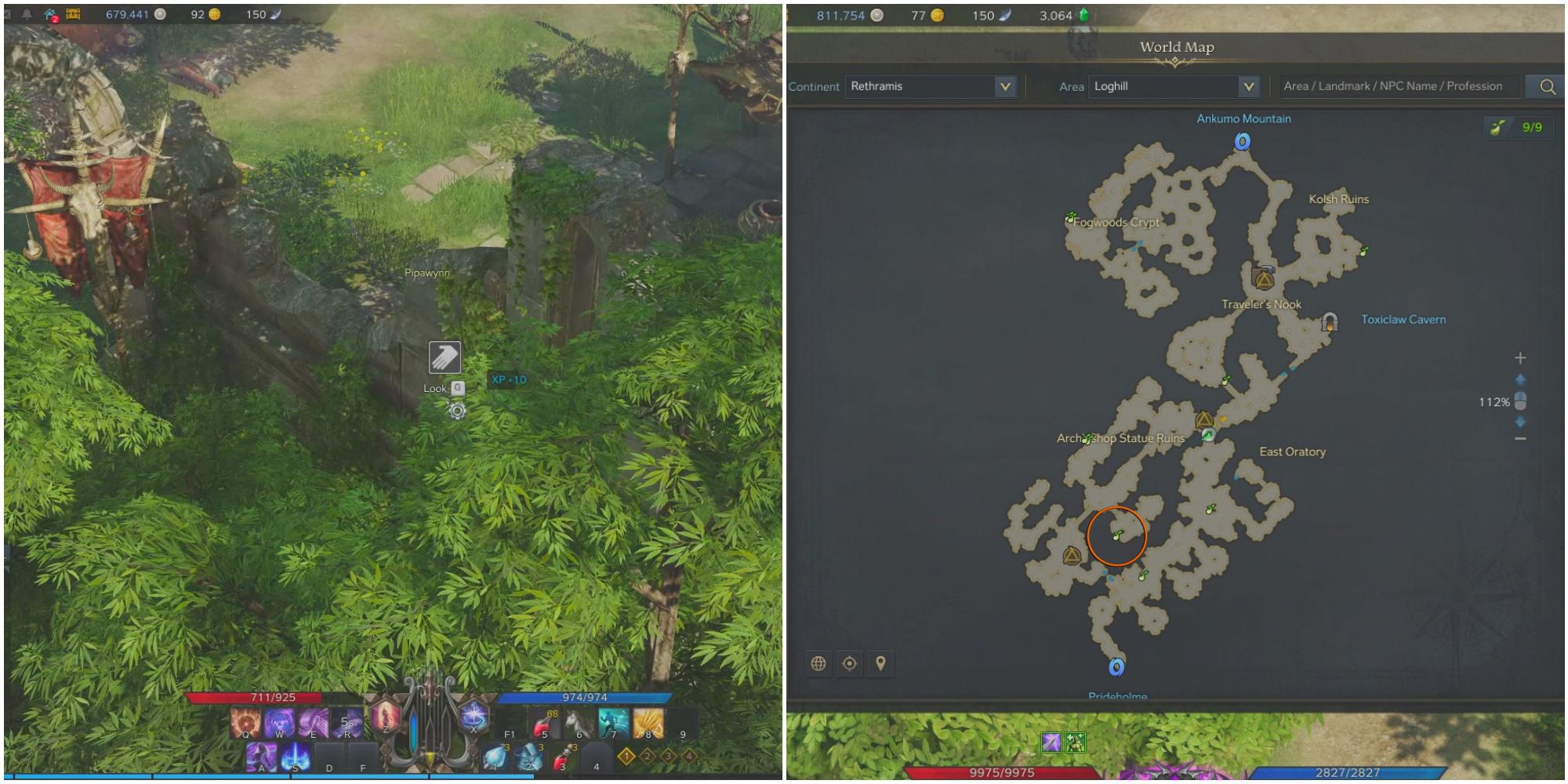 A split image of a bard hidden behind a ruin wall and a "look" icon, and a map of Loghill