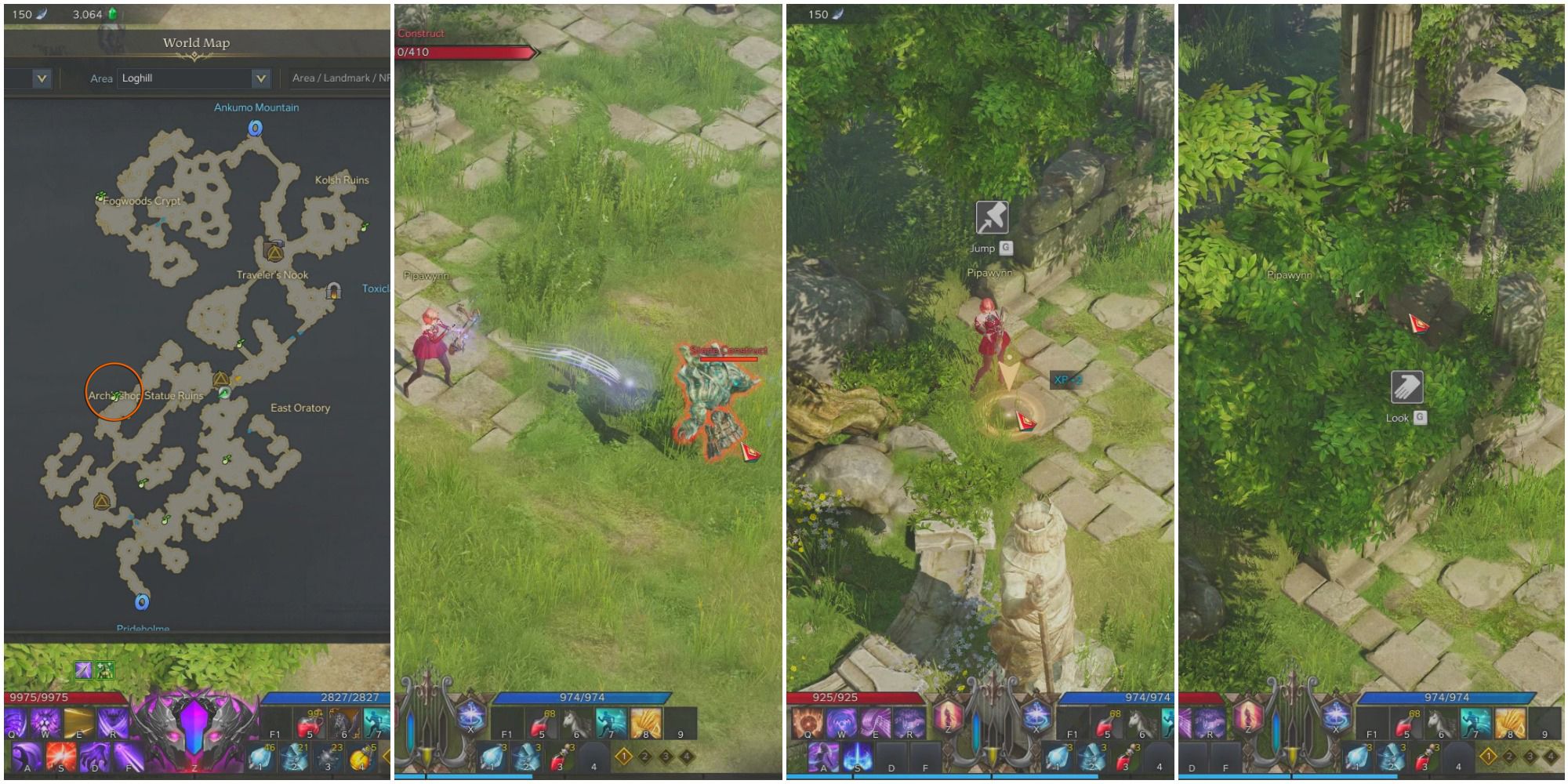 A split image of a map of Loghill, Bard killing a Stone Construct, bard standing on Jump spot, and bard behind ruin wall with "Look" icon