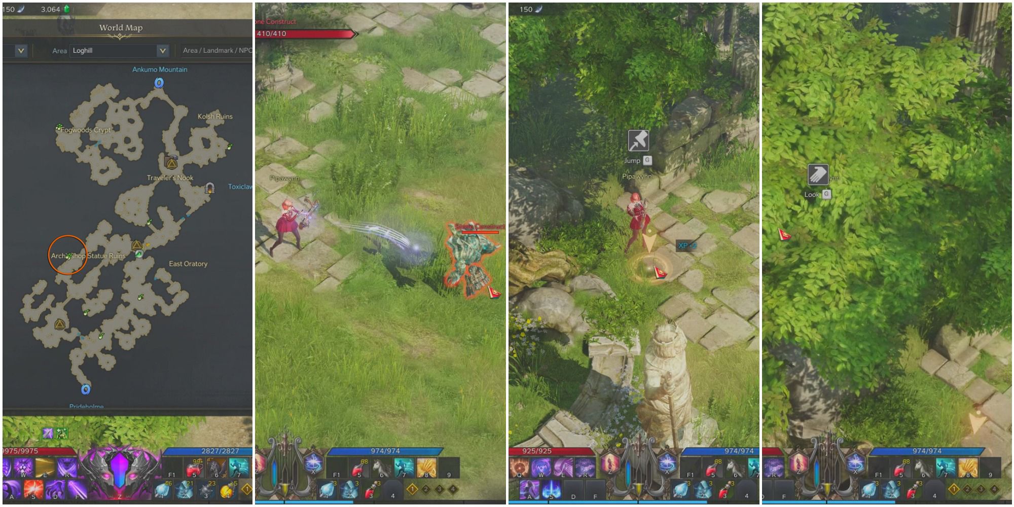 A split image of a map of Loghill, a bard attacking a Stone Construct, a bard standing on a Jump spot and a bard hidden behind tree foliage with a Look icon