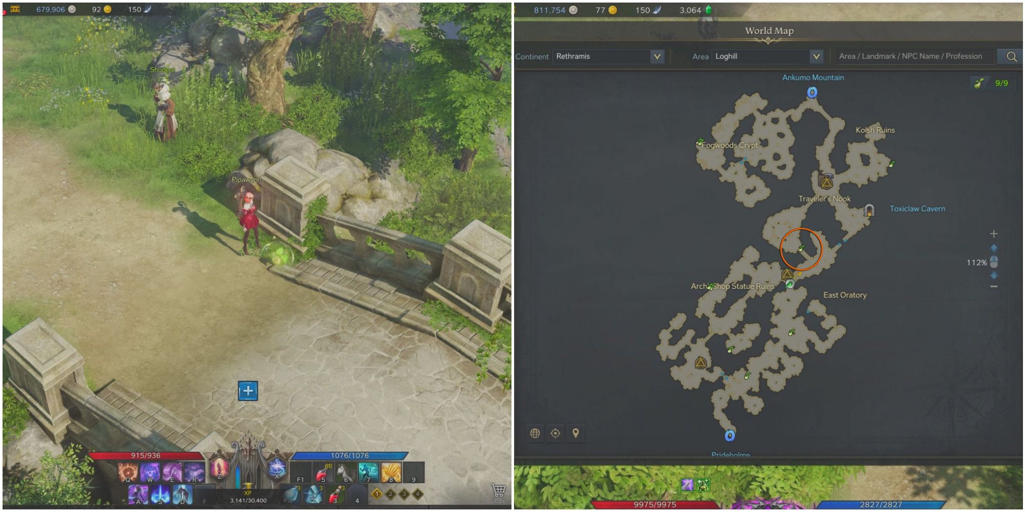 A split image of a bard standing by a Mokoko seed at the end of a bridge and a map of Loghill