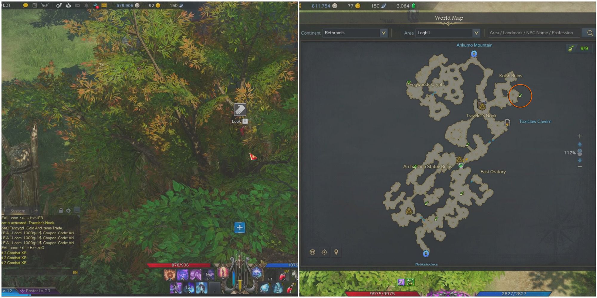 A split image of a bard hidden behind trees with a Look icon and a map of Loghill
