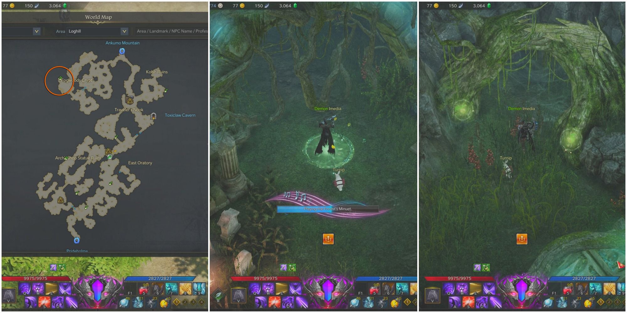 A split image of a map of Loghill, a shadowhunter playing Forest Minuet, and two Mokoko Seeds in secret passage