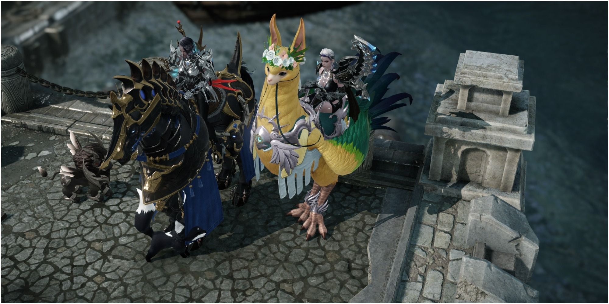 Lost Ark player posing on chocobo-looking mount with friend on armored horse mount
