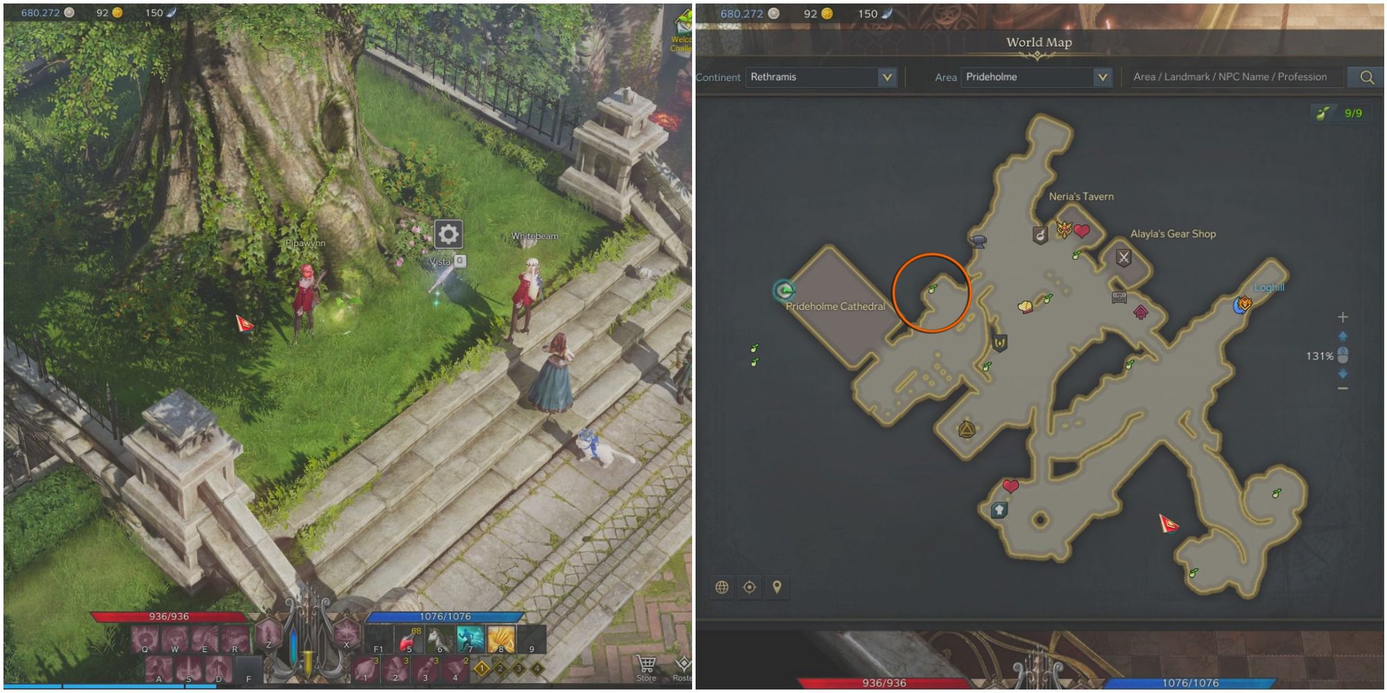 Split image of bard standing by mokoko seed at base of tree and a map of Prideholme