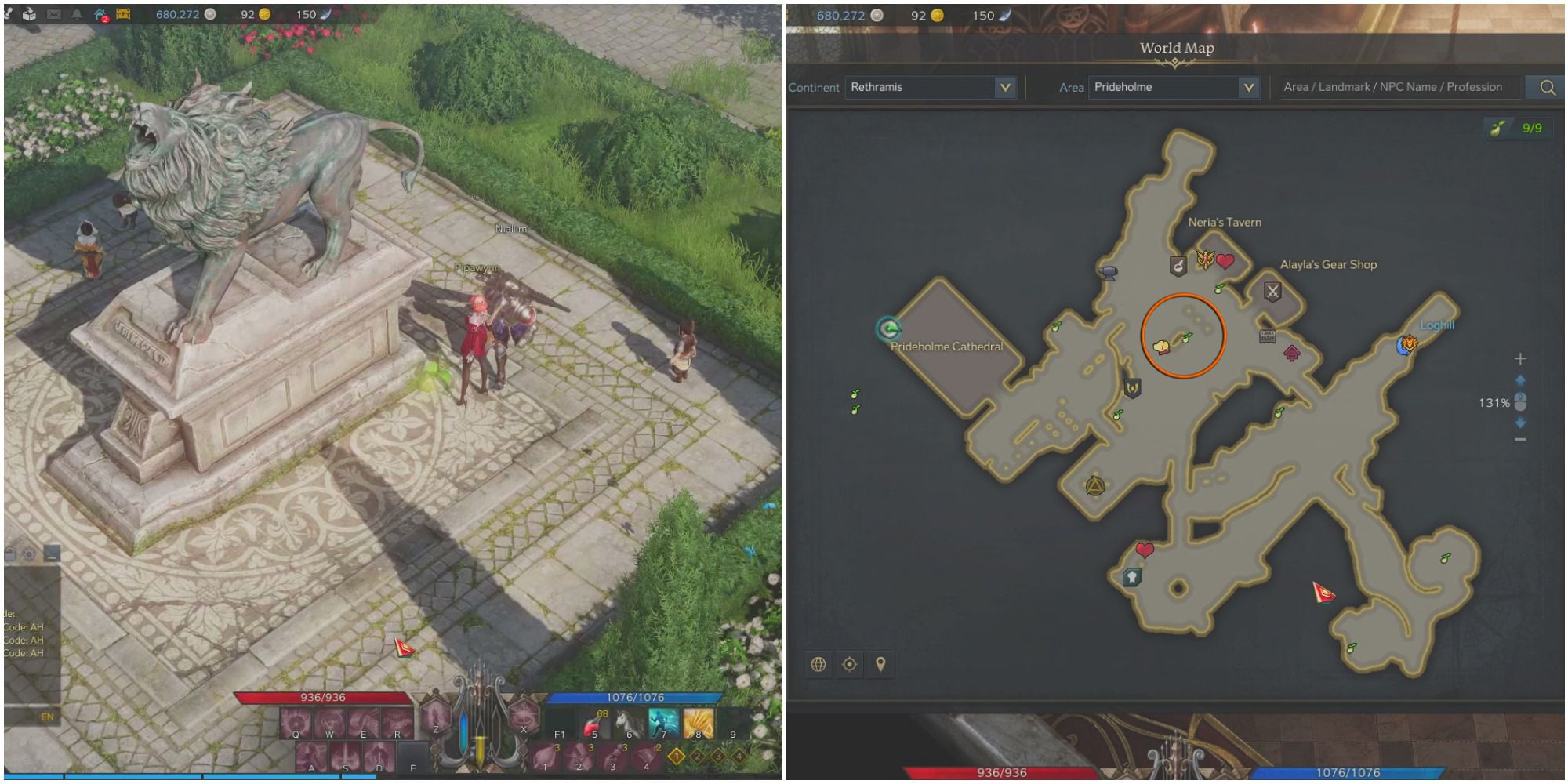 A split image of a bard standing beside a mokoko seed beside a lion statue and a map of Prideholme