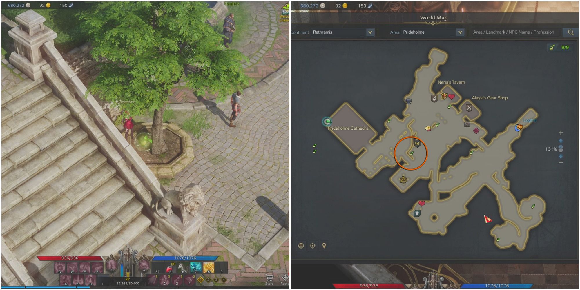 Split image of a bard standing next to a mokoko seed between a marble staircase and planted tree, and a map of Prideholme