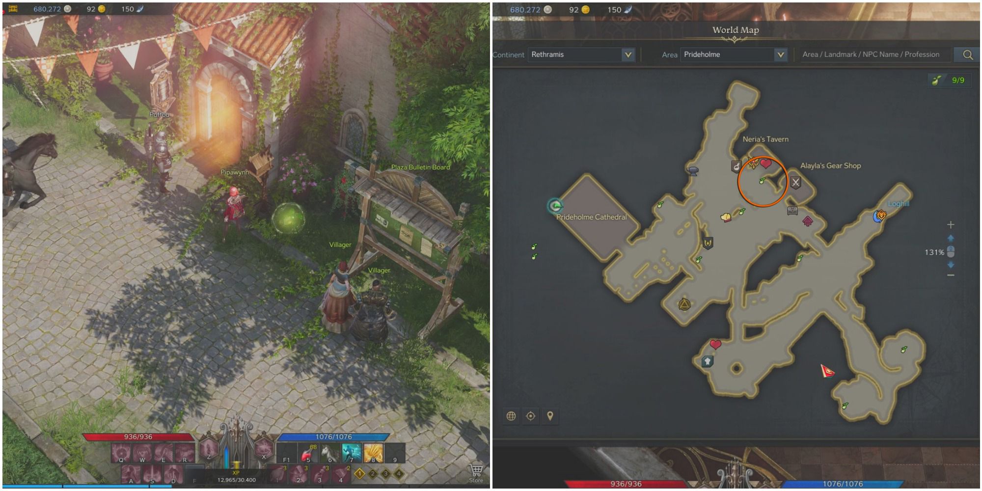 A split image of a bard standing beside a mokoko seed by the Plaza bulletin board and a map of Prideholme