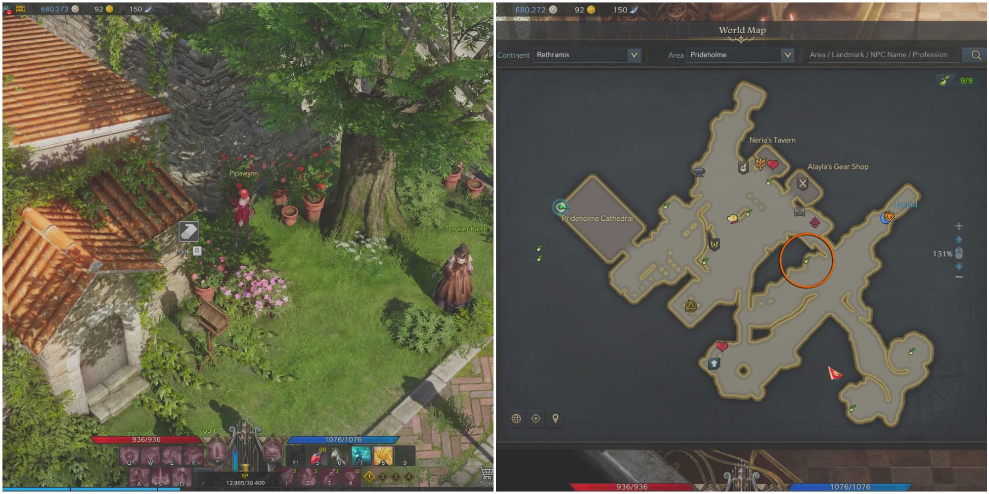 A split image of a bard standing beside a house with a garden that shows an interact icon, and a map of Prideholme