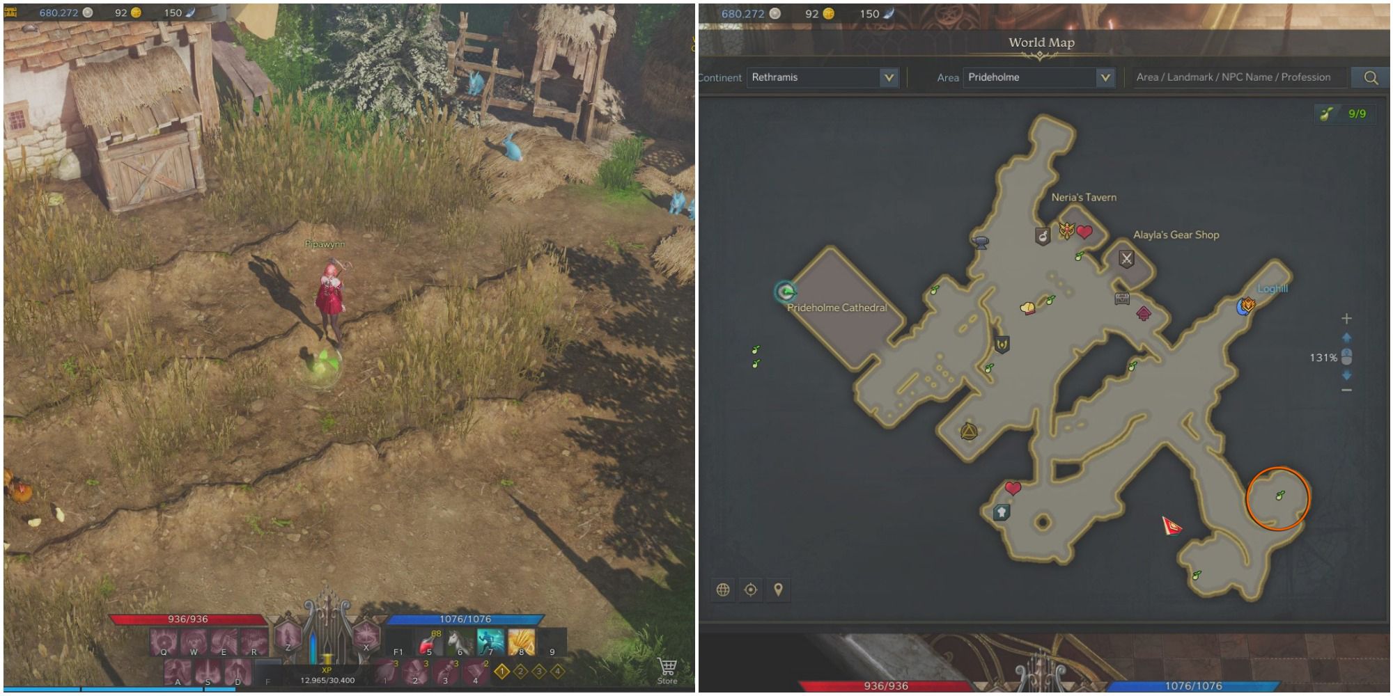 A split image of a bard standing in a field next to a mokoko seed and a map of Prideholme