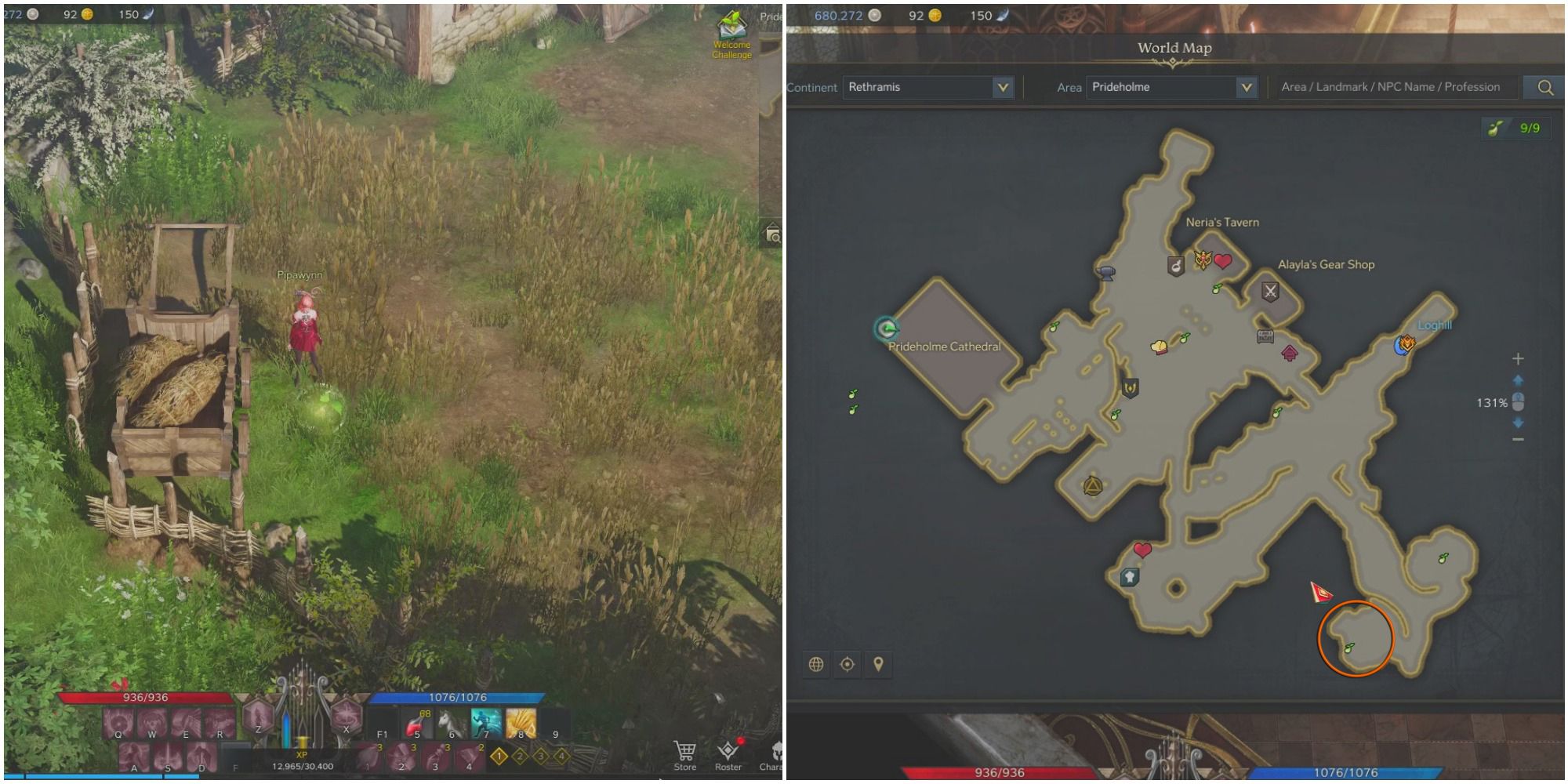 A split image of a bard standing next to a Mokoko Seed in a farm field and a map of Prideholme