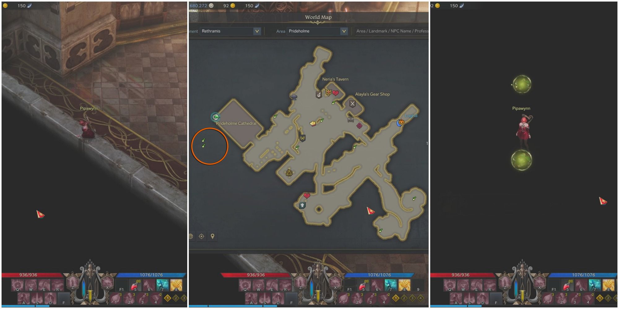 A split image of a bard walking through the wall of the cathedral, a map of Prideholme, and a bard standing between two Mokoko Seeds in the dark