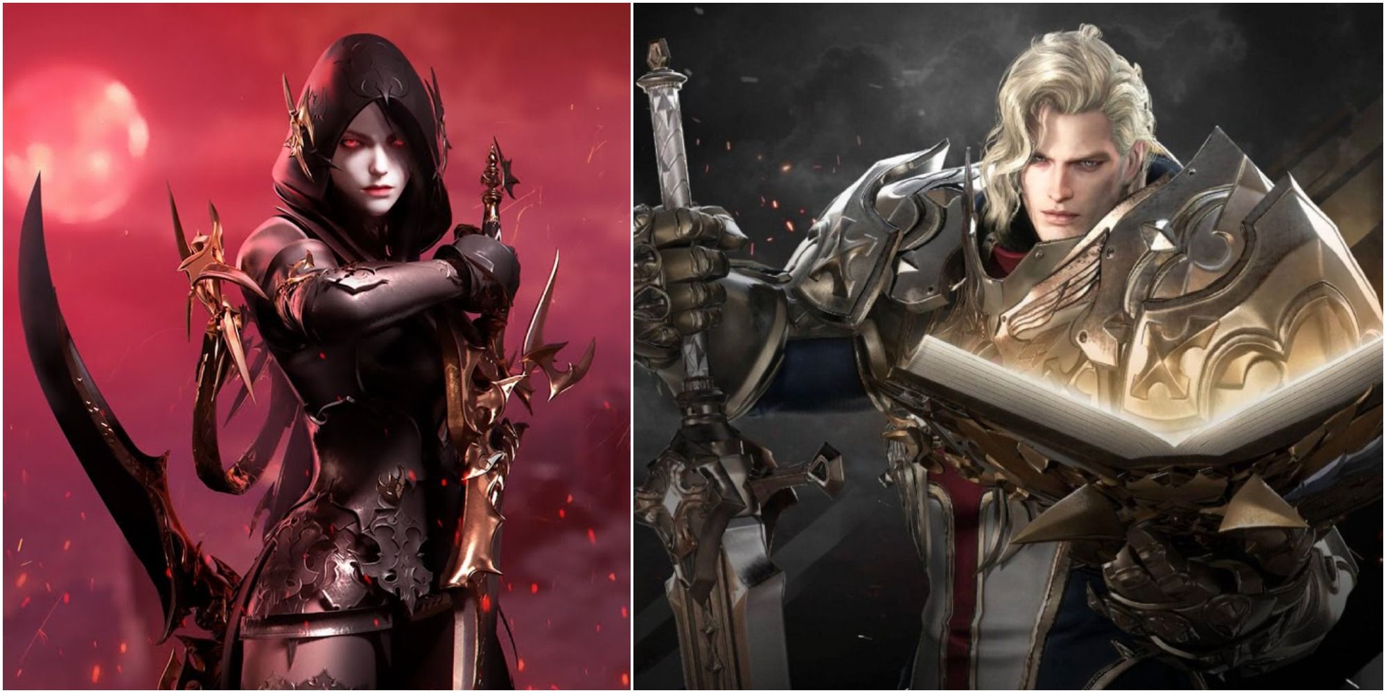 Lost Ark split image of Shadowhunter with blood-red background and Paladin holding book and sword