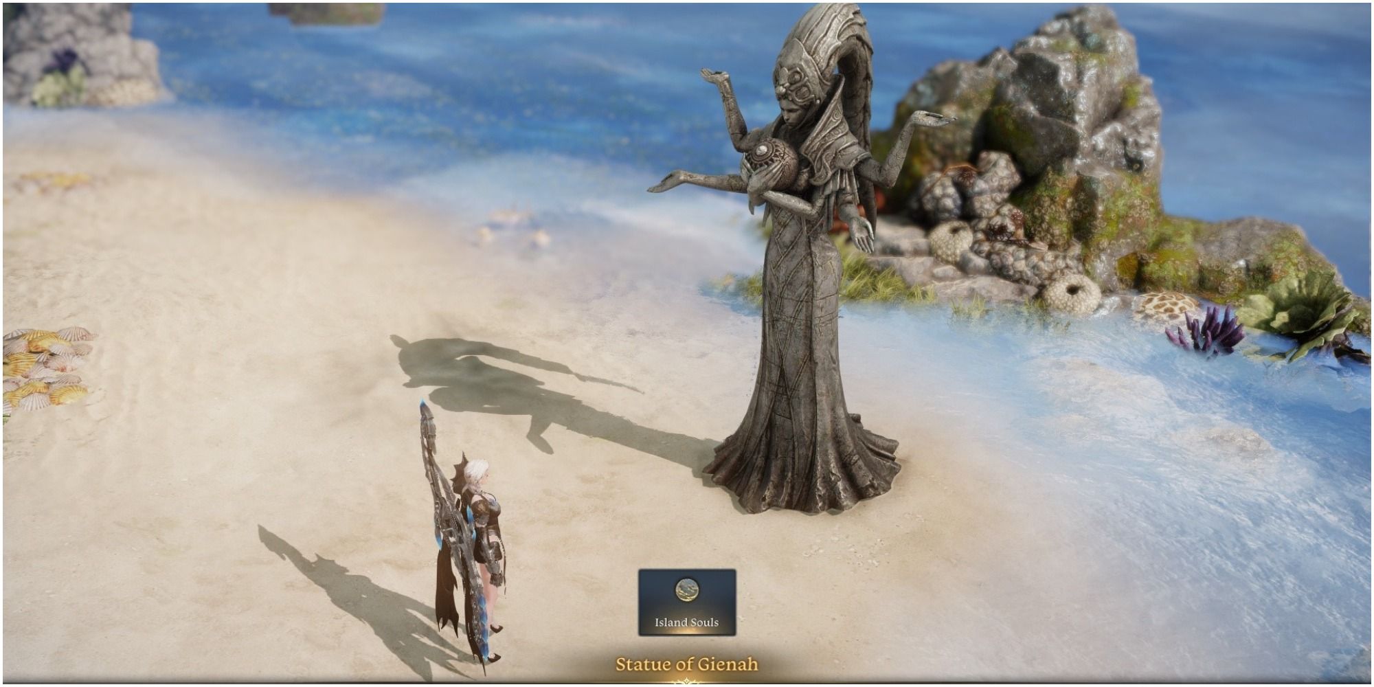Lost Ark Player looking at six armed Statue of Gienah holding a ball