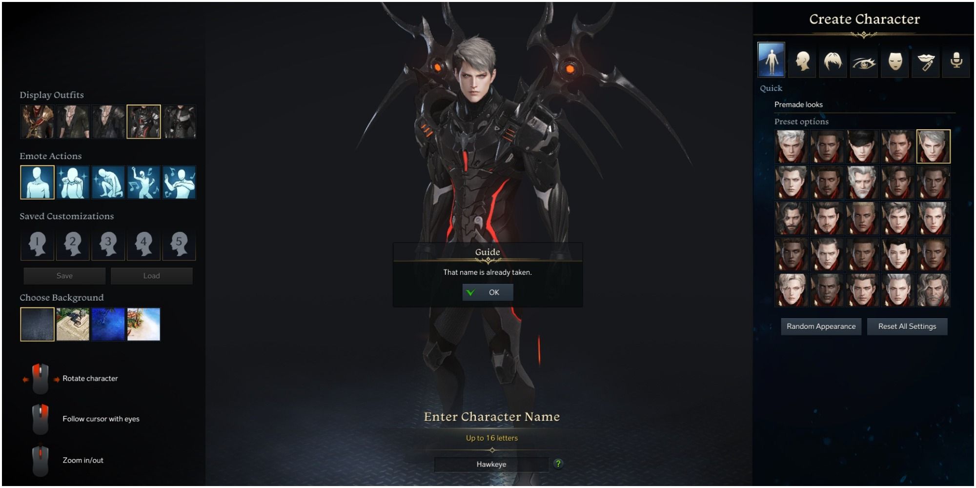 Lost Ark character creation screen of gunner wearing black and red tech-suit with metal wings