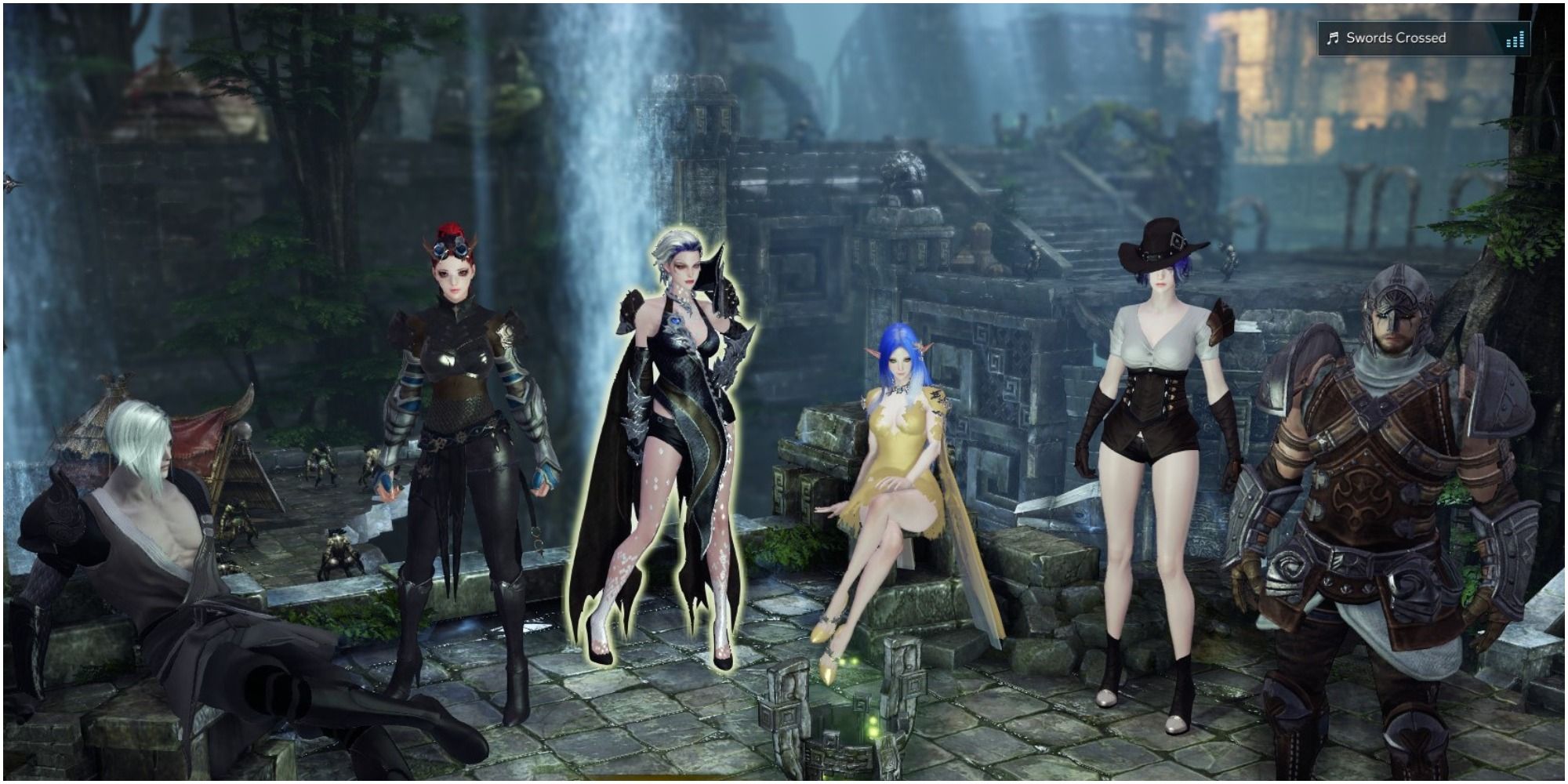 Lost Ark roster screen of 6 characters with Morai Ruins and waterfall in the background