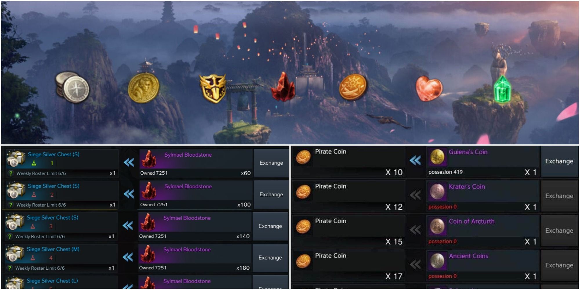 Lost Ark split image with currency icons on top Sylmael bloodstone exchange and pirate coin exchange on bottom