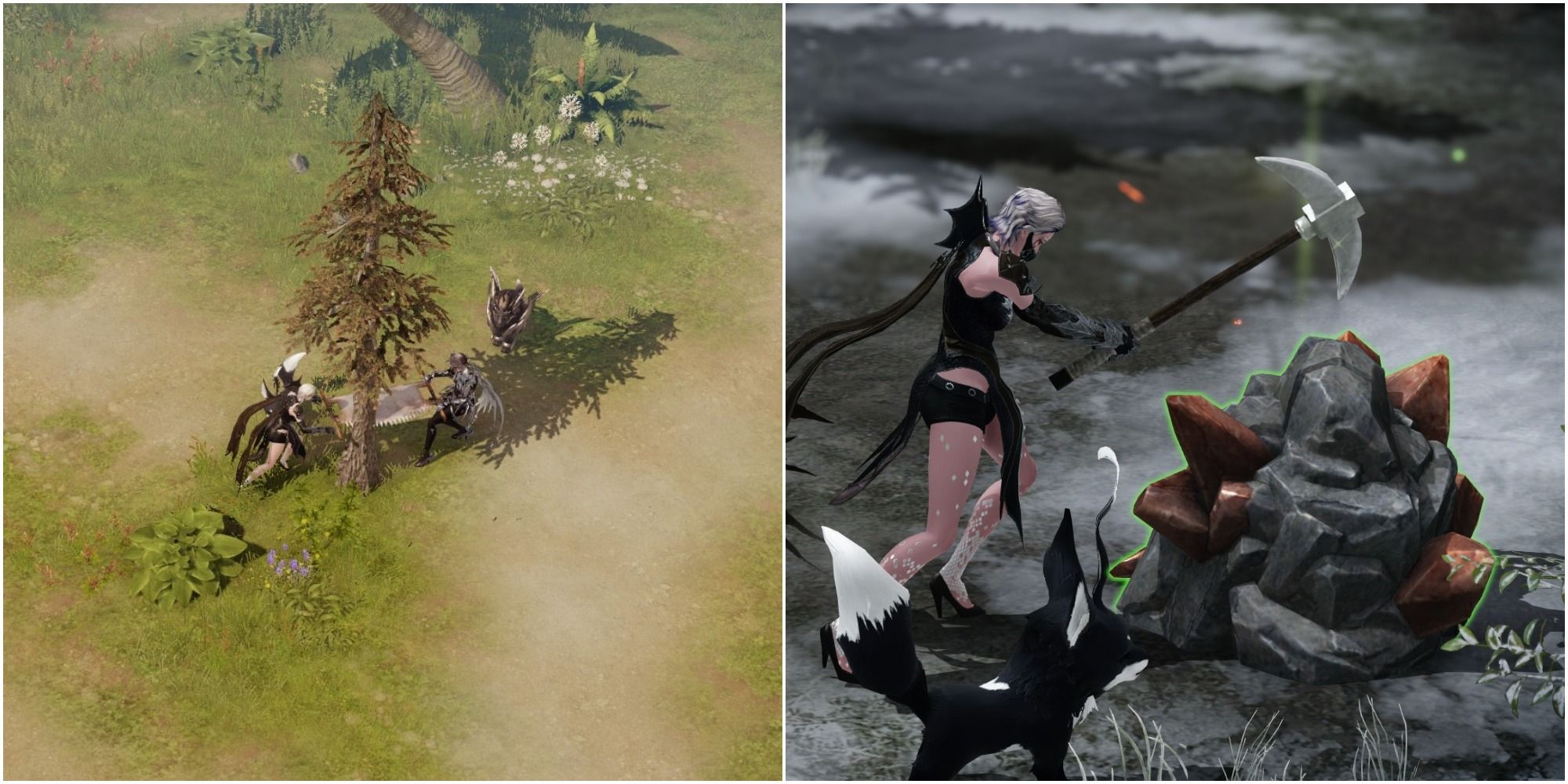 Lost Ark split image of player mining by herself and cutting down a tree with a friend