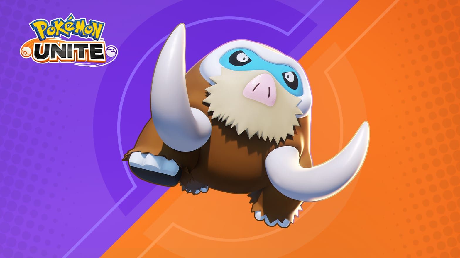 Image of Mamoswine and the Pokemon Unite logo on a purple and orange background