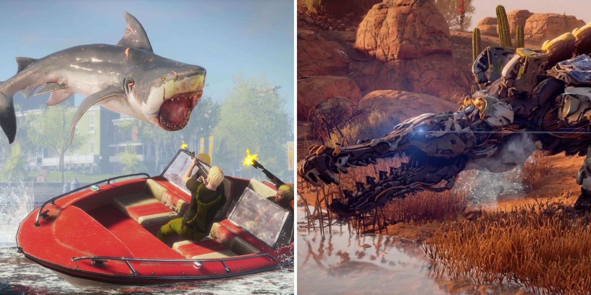 Split Image Shark from Maneater jumps out of the water as a Snapmaw from Horizon goes for a swim