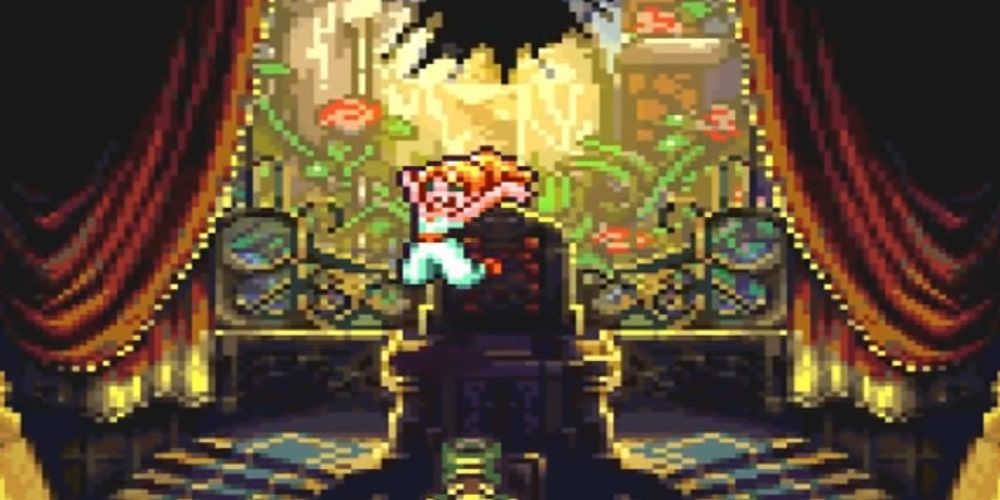 A screenshot of Marle jumping through a stained glass window in Chrono Trigger.