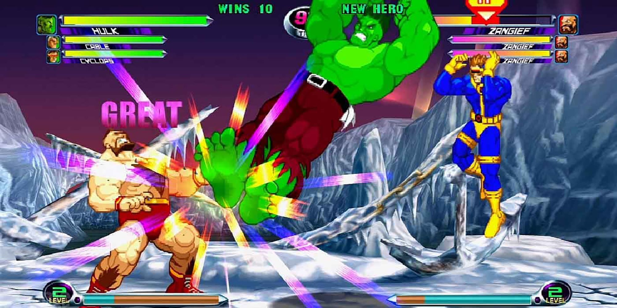 Zangief gets kicked by The Hulk while Cyclops leaps in for an assist attack in Marvel Vs Capcom 2.