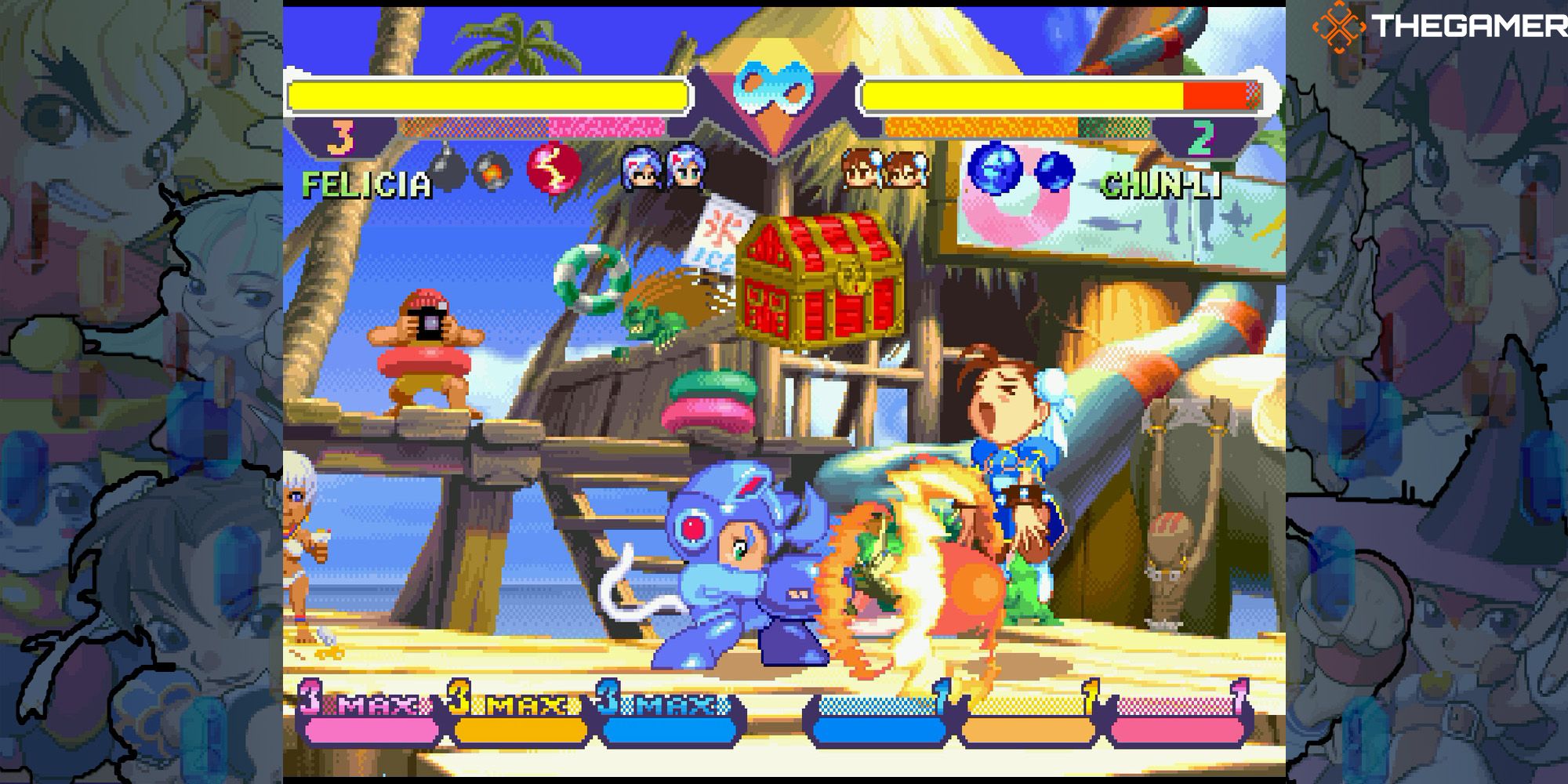 Felicia shoots Chun-li with Mega Man's Mega Buster in a battle at the Beach House. Pocket Fighter.